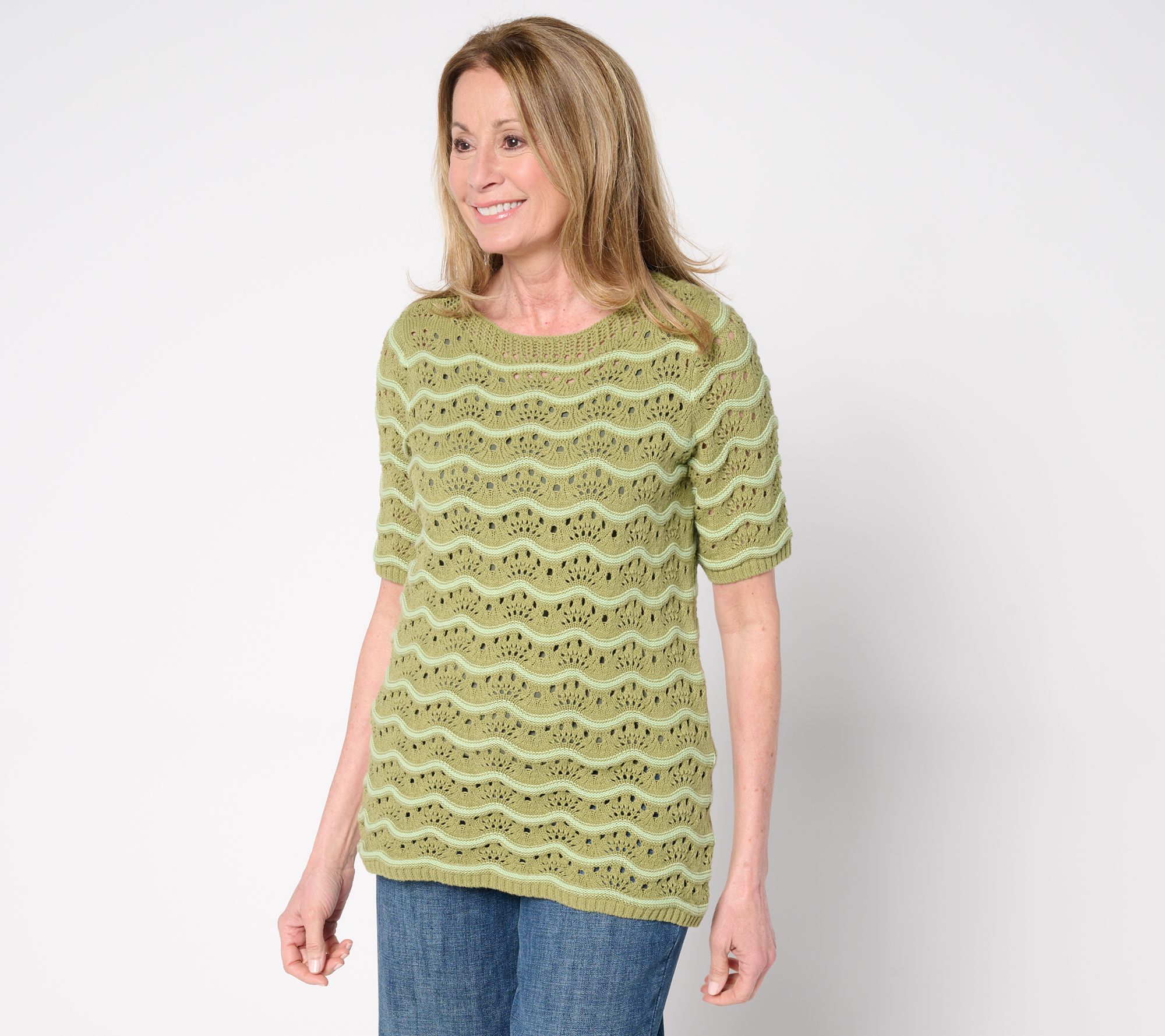 "As Is" Denim & Co. 100% Cotton Pointelle Elbow Sleeve Sweater