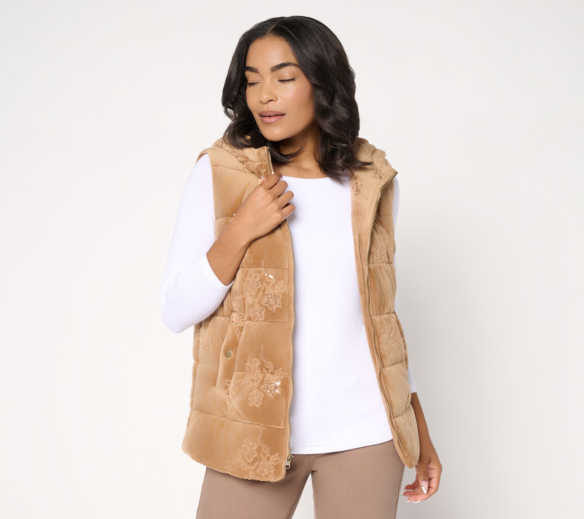  Dennis Basso Petite Velvet Puffer Vest with Sequins