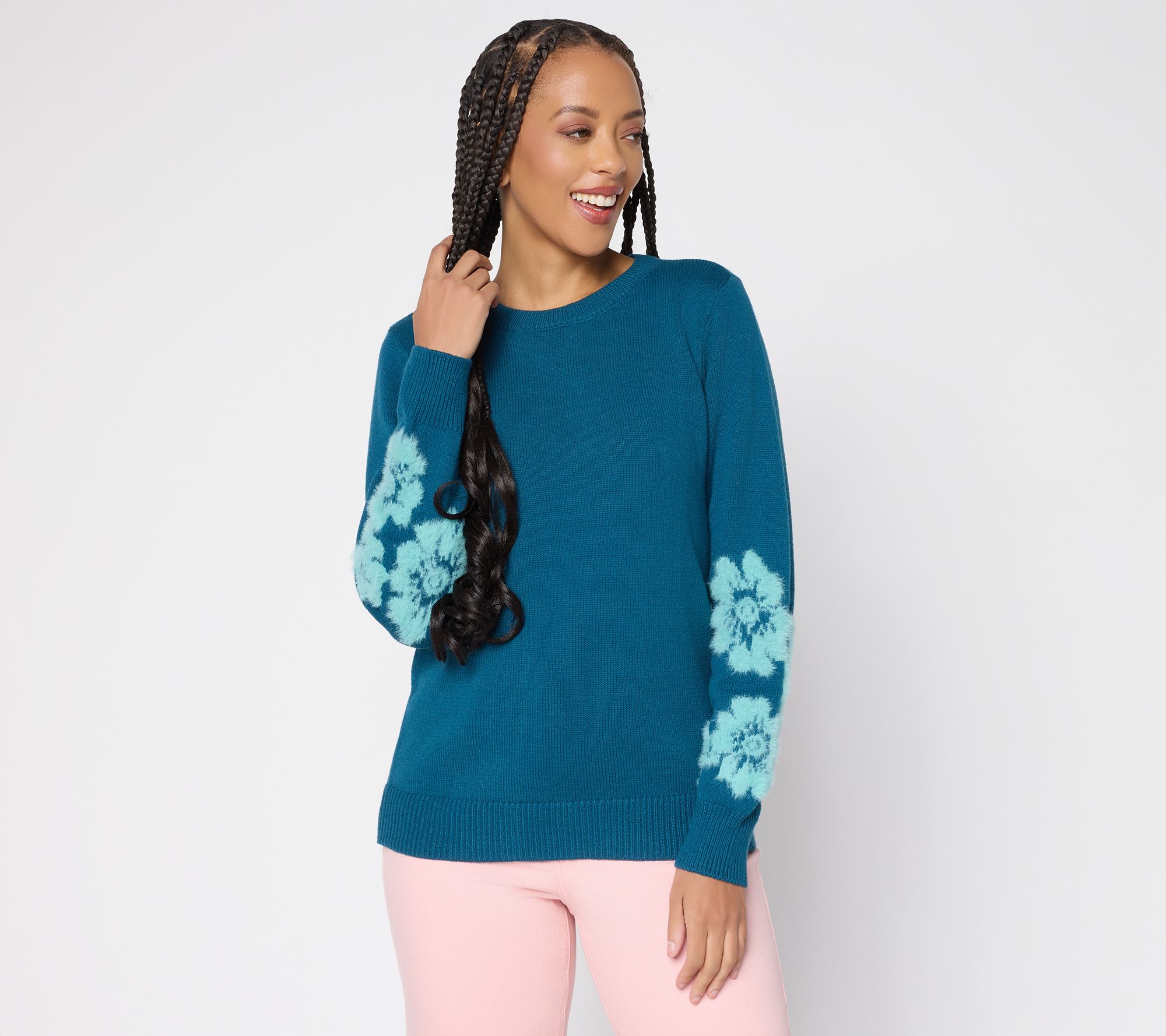 Susan Graver Textured Floral Crew Neck Sweater