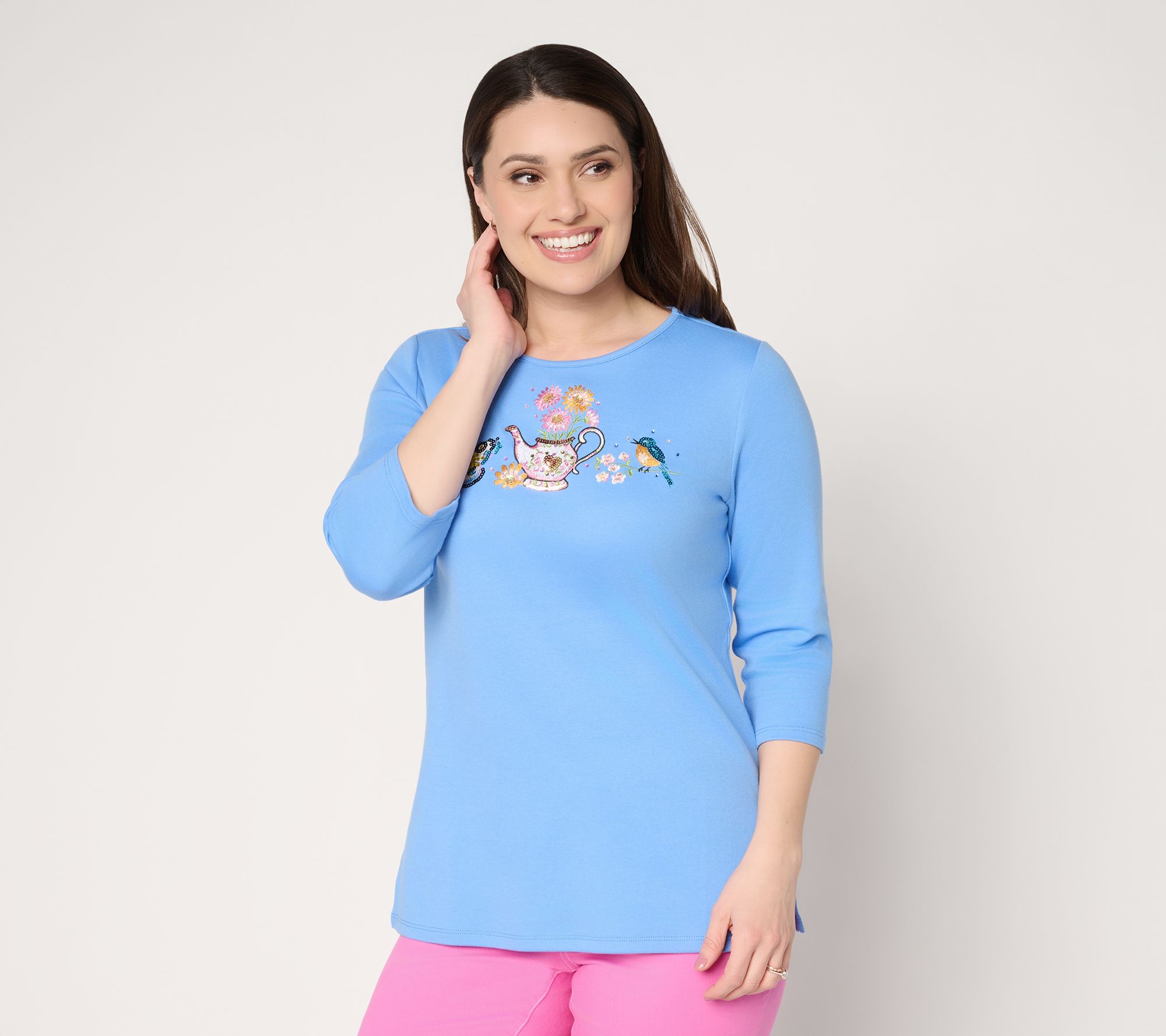 Quacker Factory Spring Things Embroidered and Sequins 3/4 sleeve Top