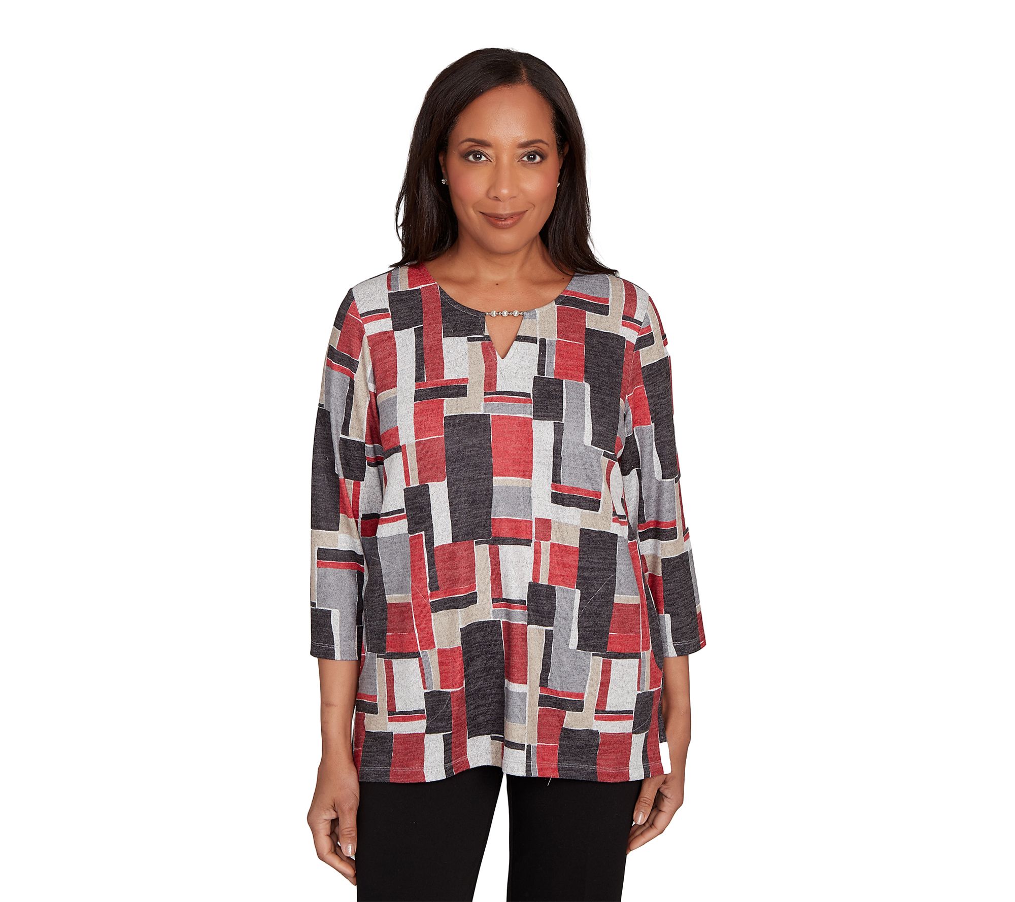 Alfred Dunner Petite Colorblock Split Beaded Neck Top