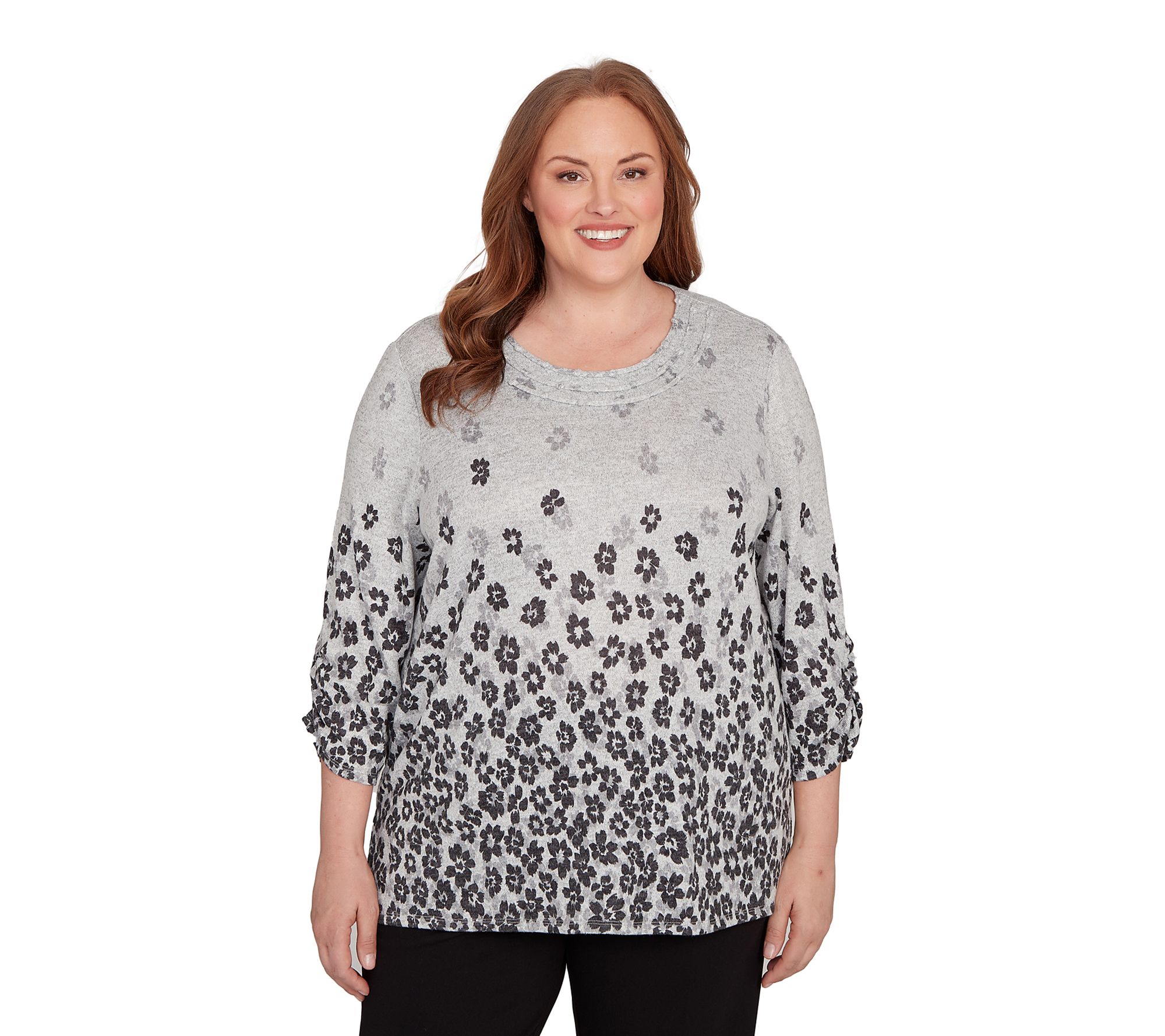 Alfred Dunner Floral Border Gathered Sleeve Top