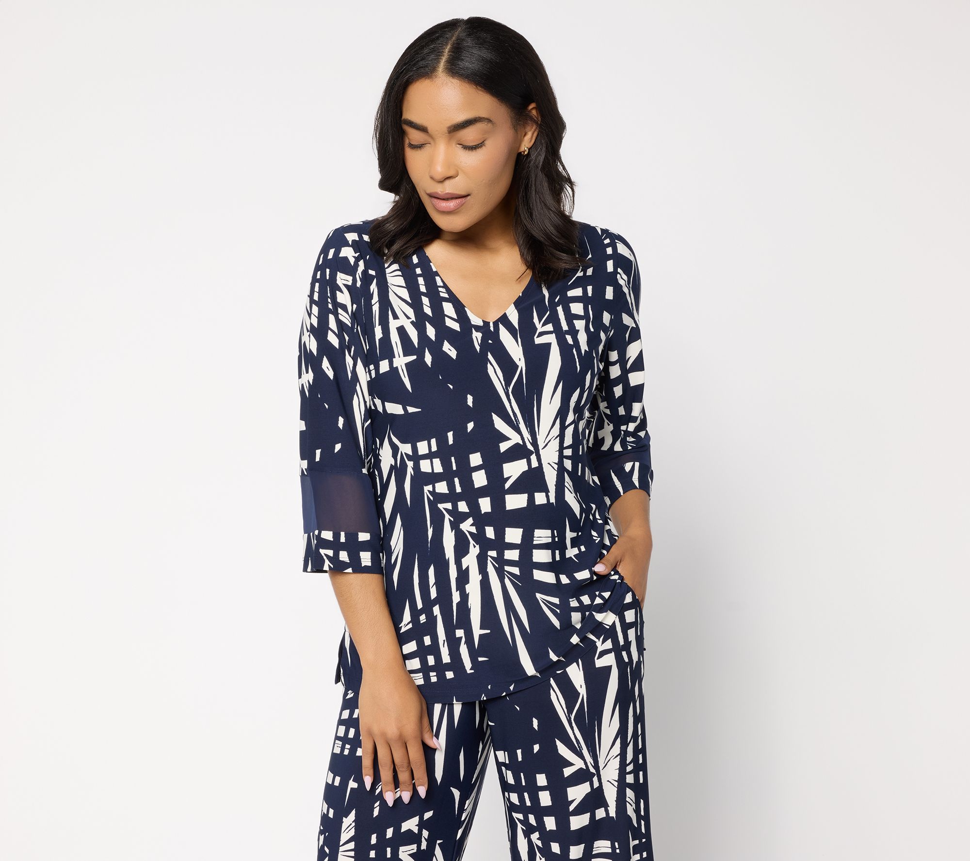Brandis Dress Out Loud Discovery Knit Bestie Sheer Trim V-Neck Top