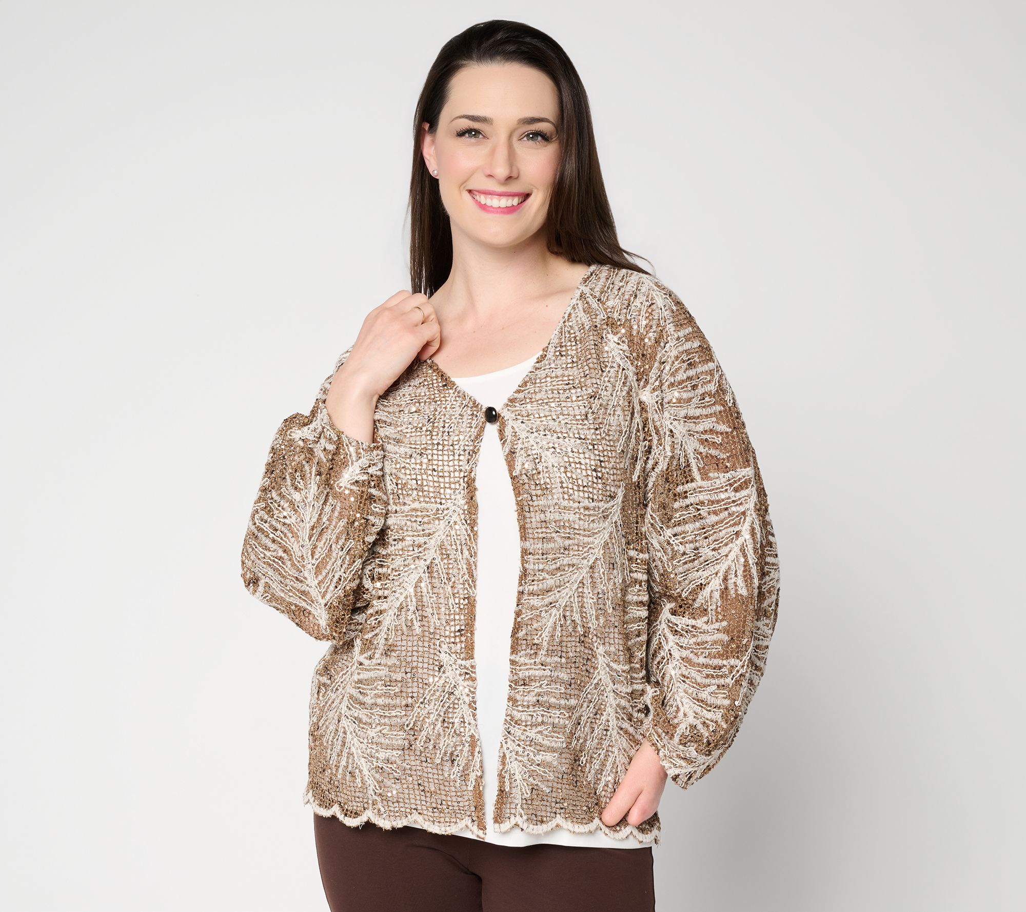 Susan Graver Metallic Open Stitch 3/4 Sleeve Cardigan