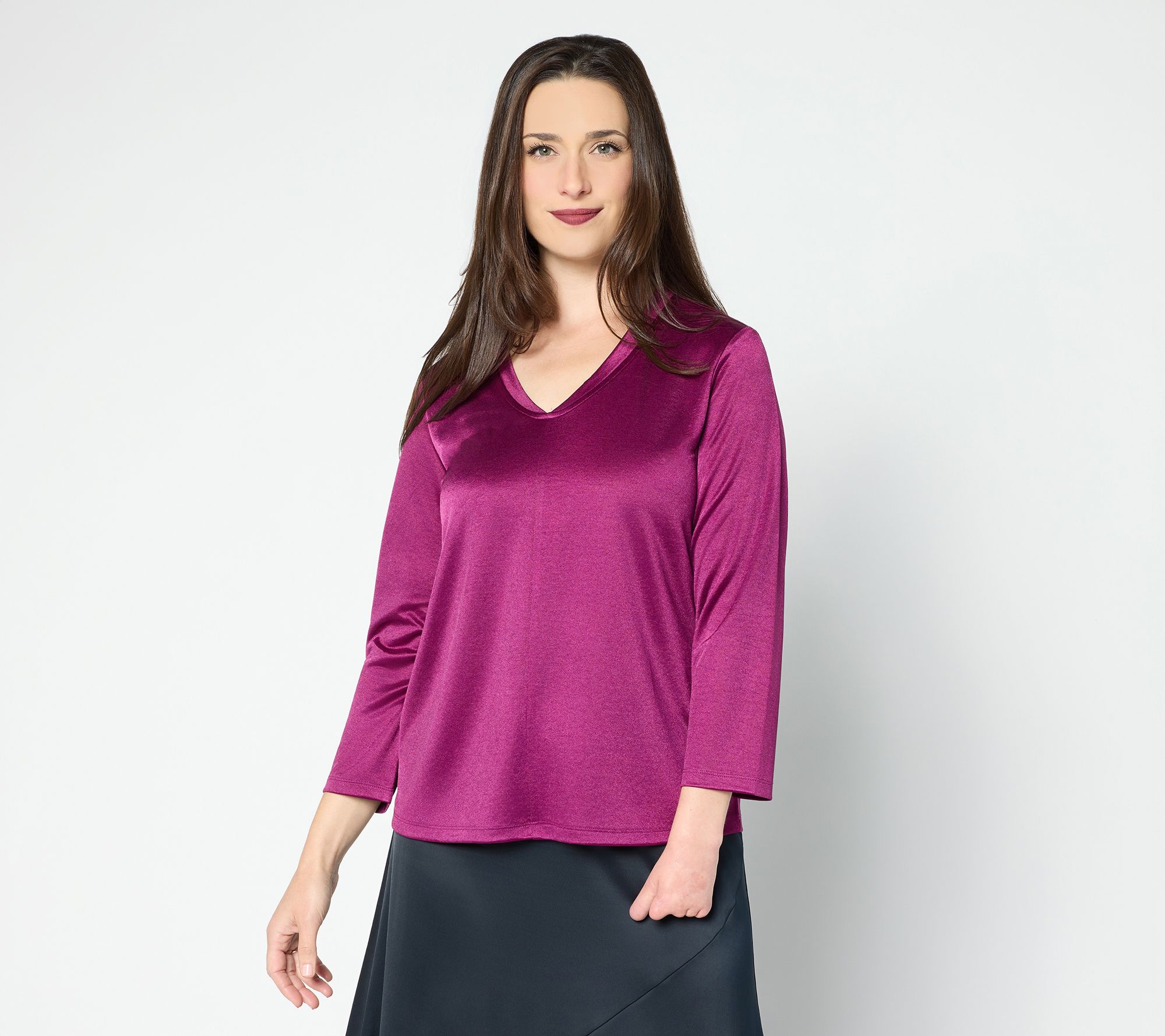 "As Is" BEAUTIFUL BY Lawrence Zarian KnitSatinV-Neck Elbow Slv Top