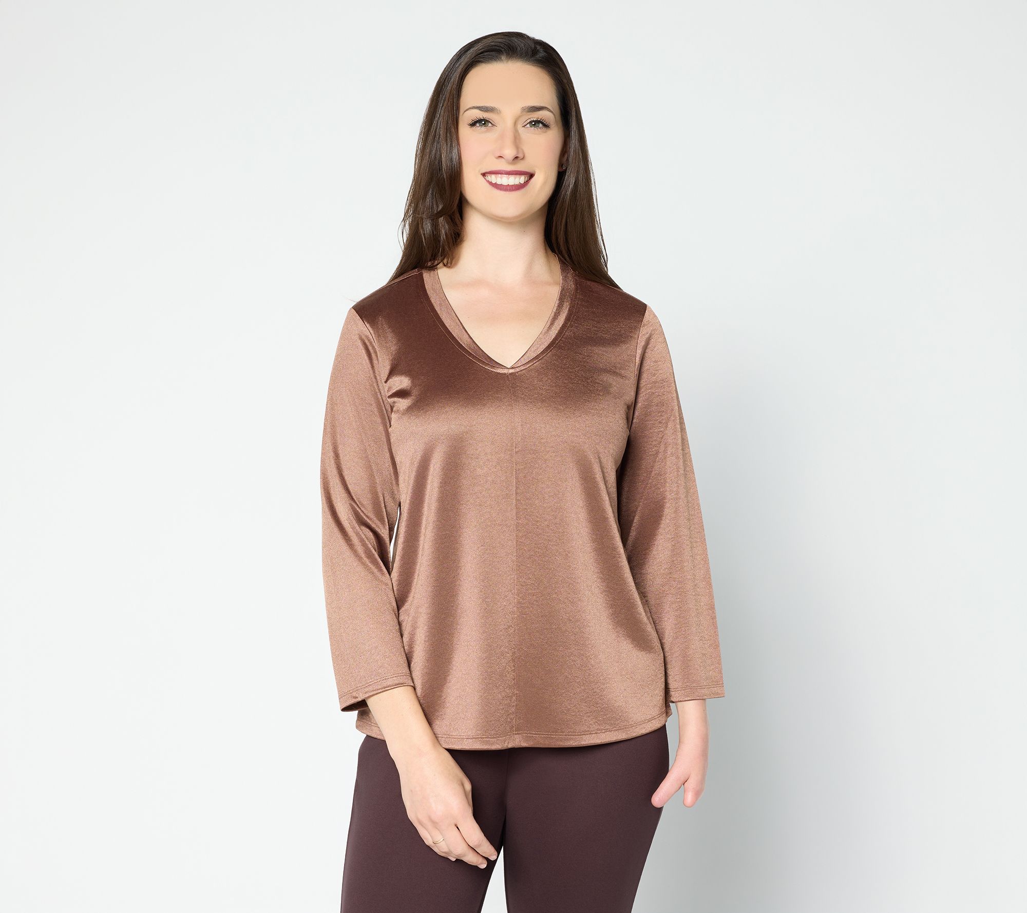 "As Is" BEAUTIFUL BY Lawrence Zarian KnitSatinV-Neck Elbow Slv Top