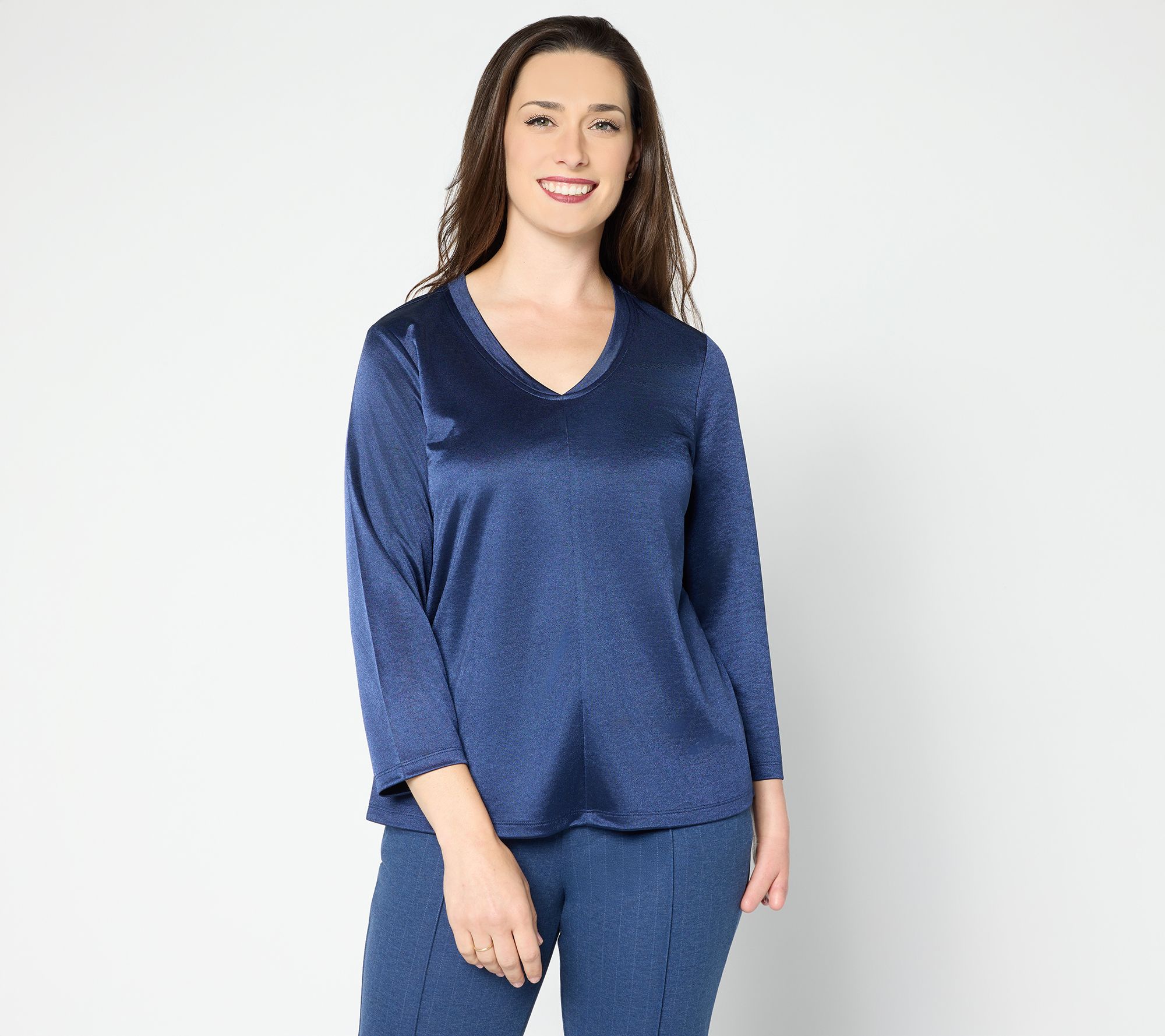 "As Is" BEAUTIFUL BY Lawrence Zarian KnitSatinV-Neck Elbow Slv Top