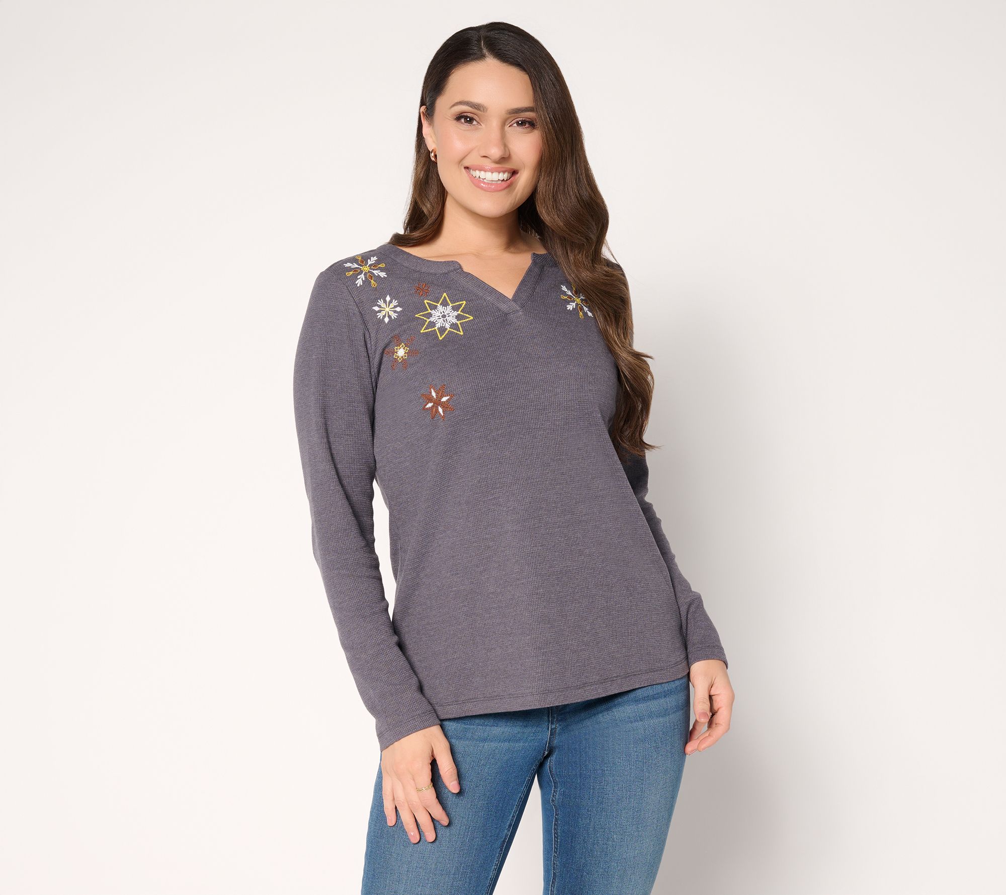 "As Is" Denim & Co. Waffle Knit Holiday Embroidered Top