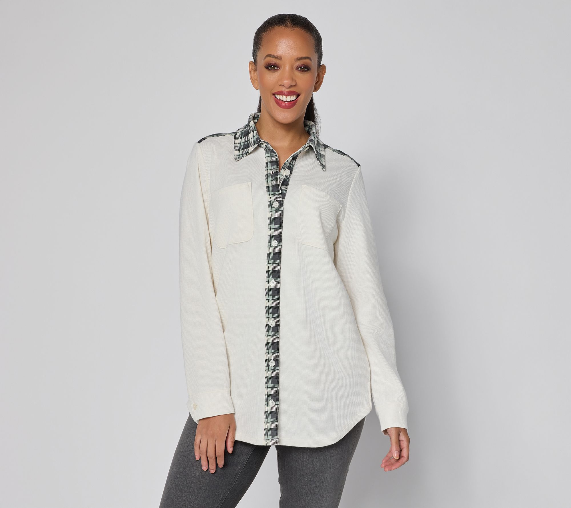 "As Is" Denim & Co. Pet Waffle Knit Button Front Tunic