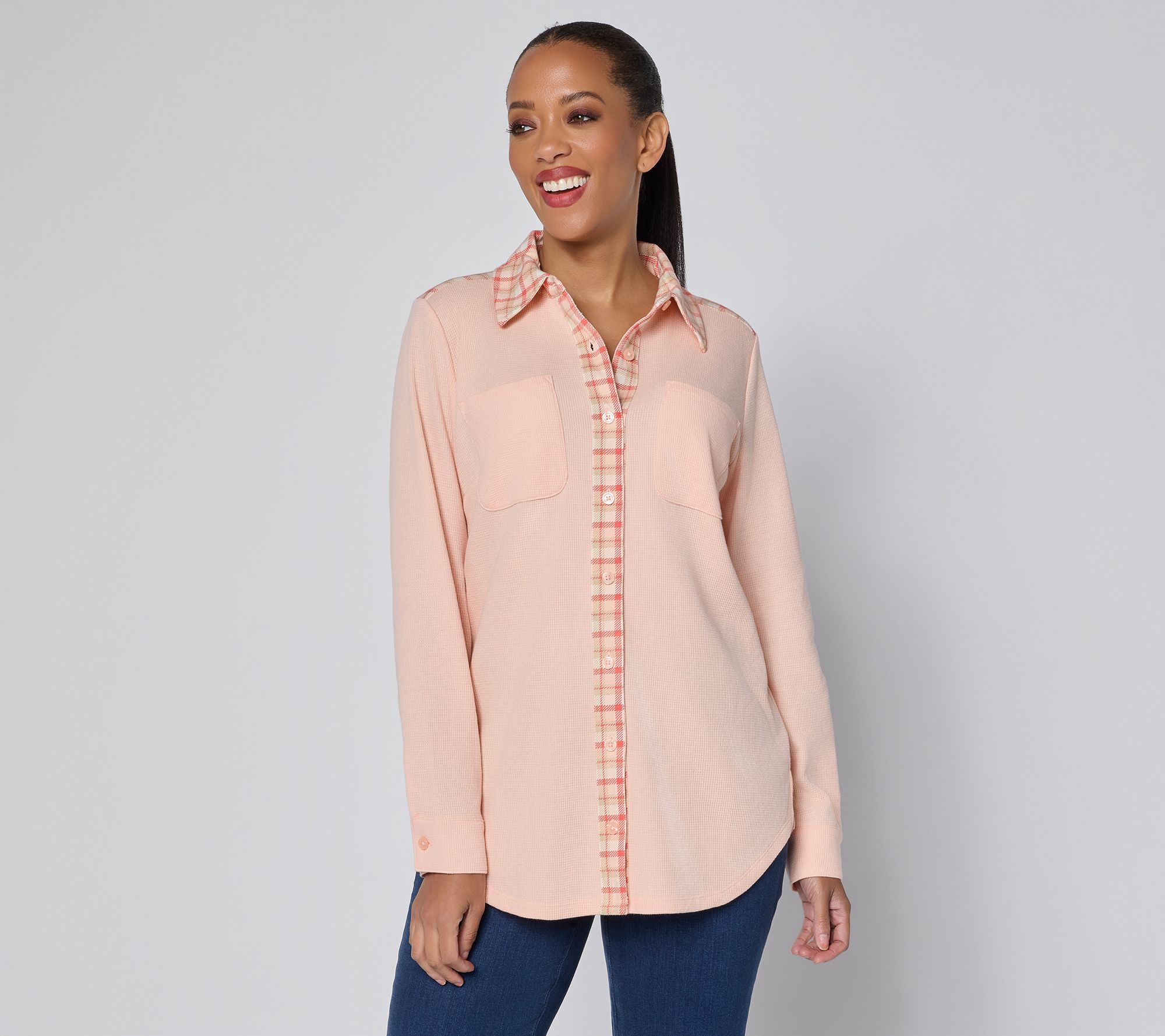 "As Is" Denim & Co. Pet Waffle Knit Button Front Tunic