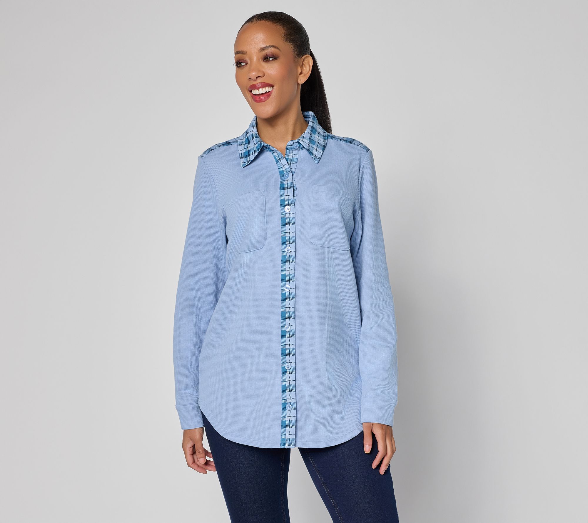 "As Is" Denim & Co. Pet Waffle Knit Button Front Tunic