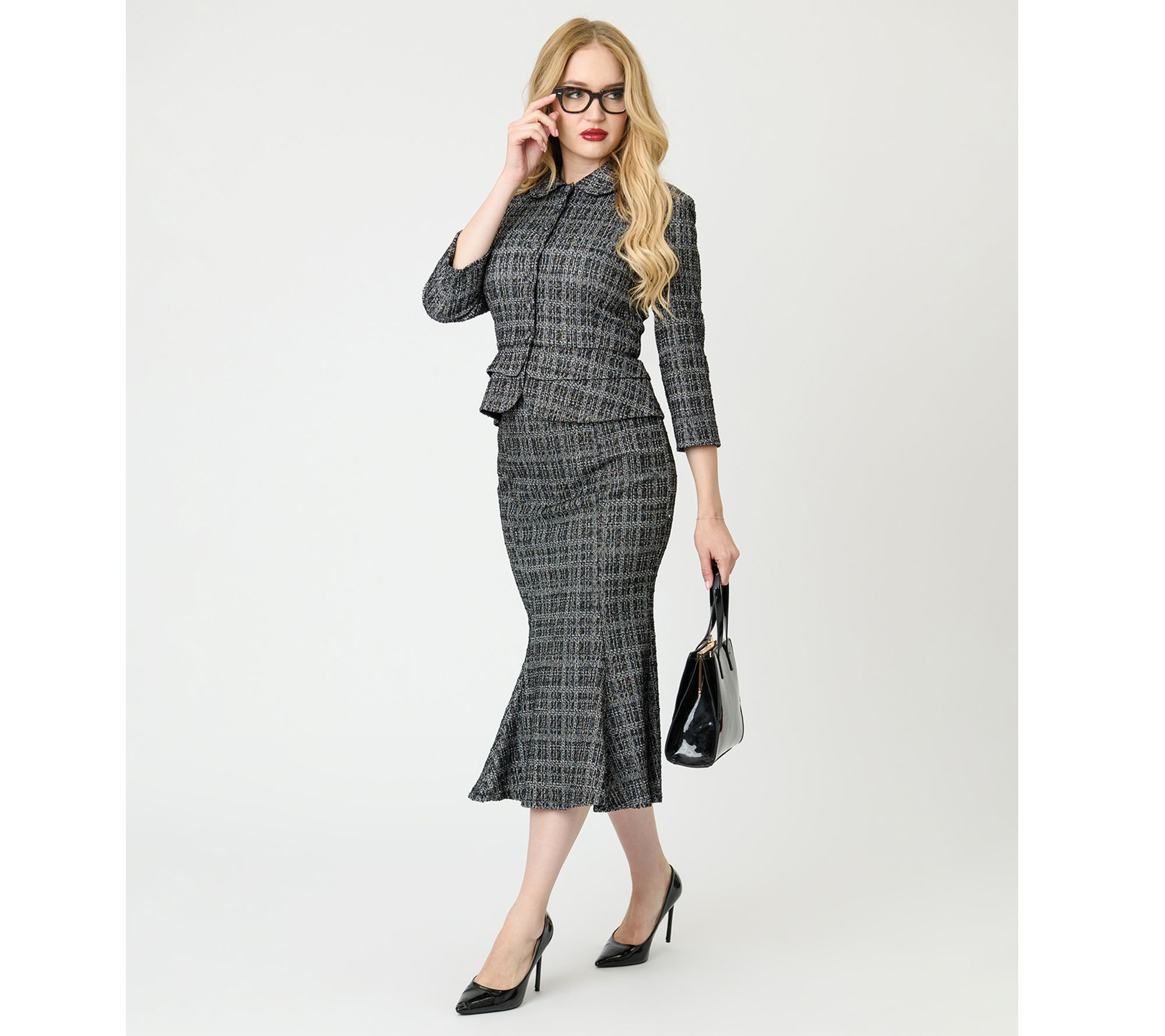 Unique Vintage Black & White Plaid Boucle Trumpet Skirt