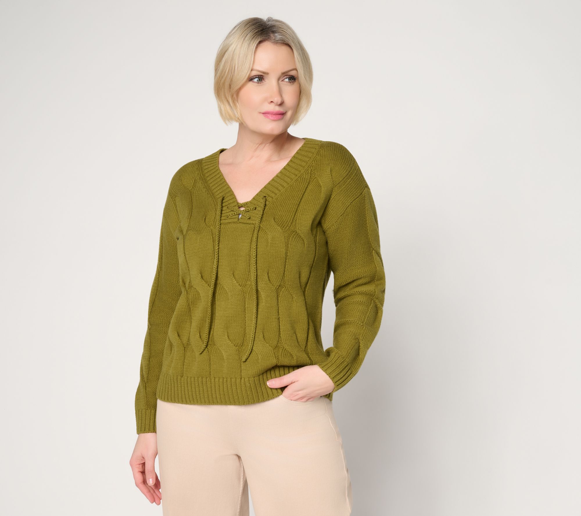 "As Is" Peace Love World V-Neck Lace Up Cable Sweater