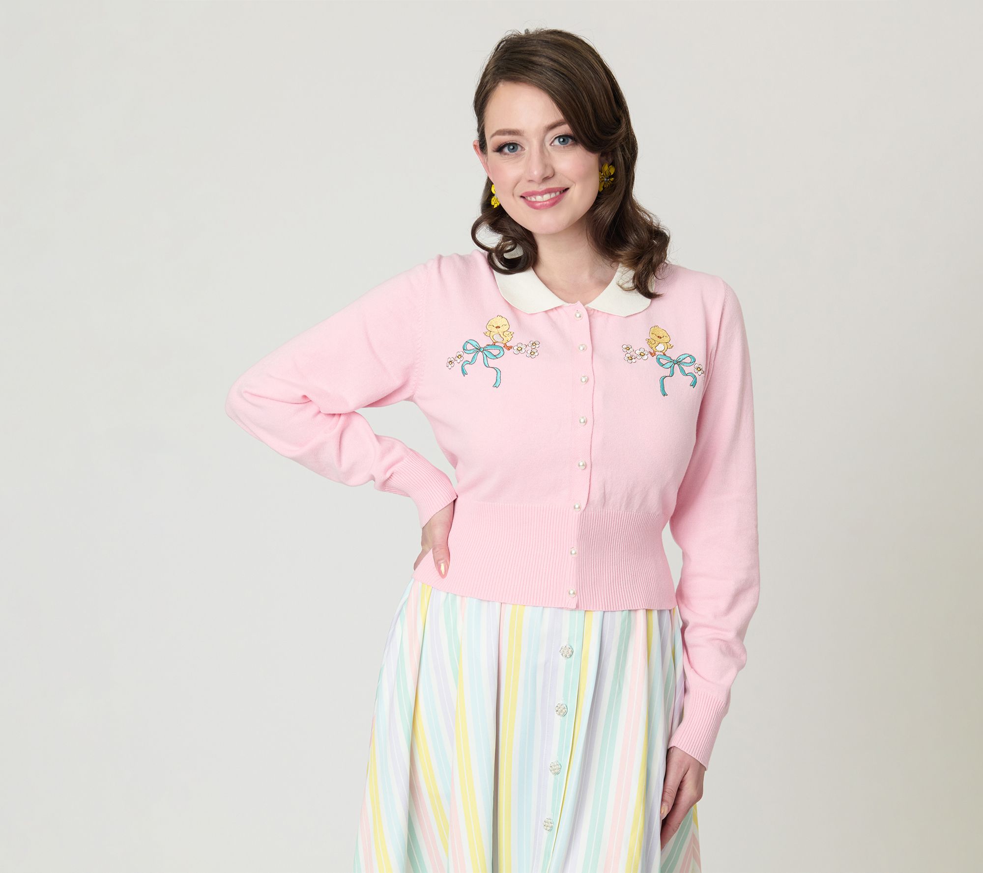 Unique Vintage Pink Chick Embroidered Cardigan