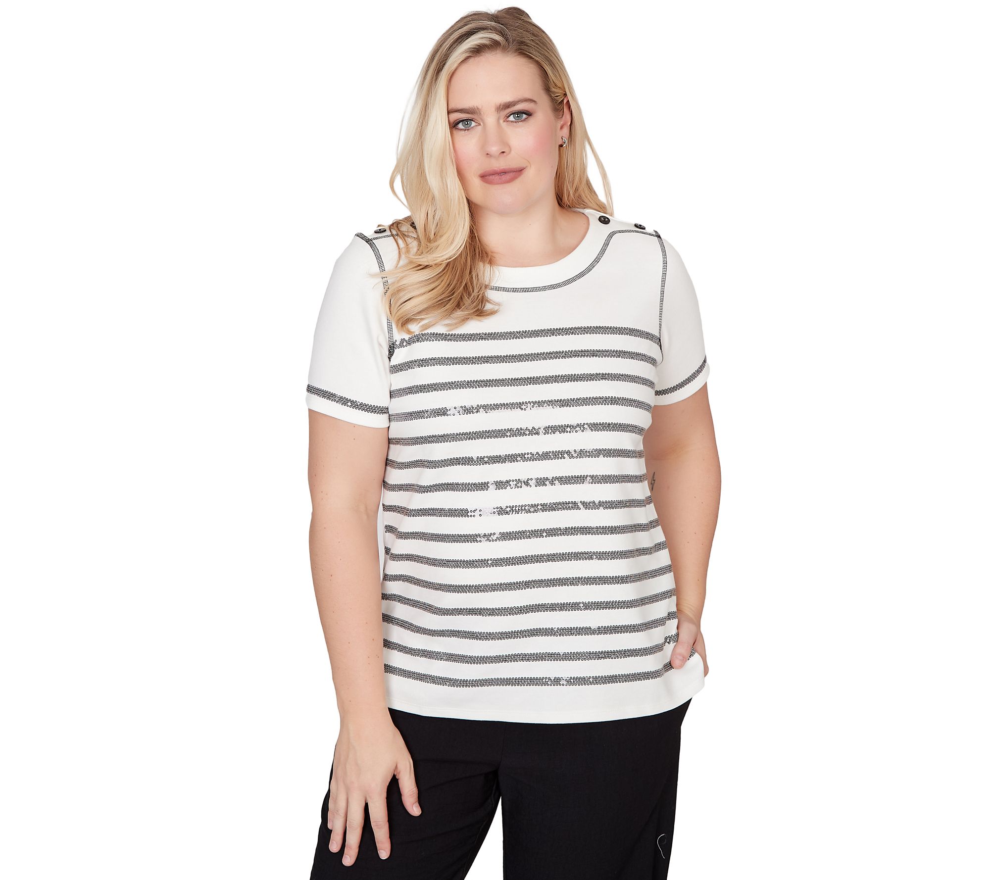 Alfred Dunner Petite Biadere Sequin Stripes Tee