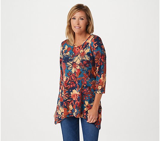 Denim & Co. Brushed Heavenly Jersey Trapeze Floral Tunic - QVC.com