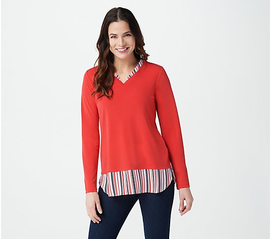 Susan Graver Textured Liquid Knit Tunic with Printed Woven Combo