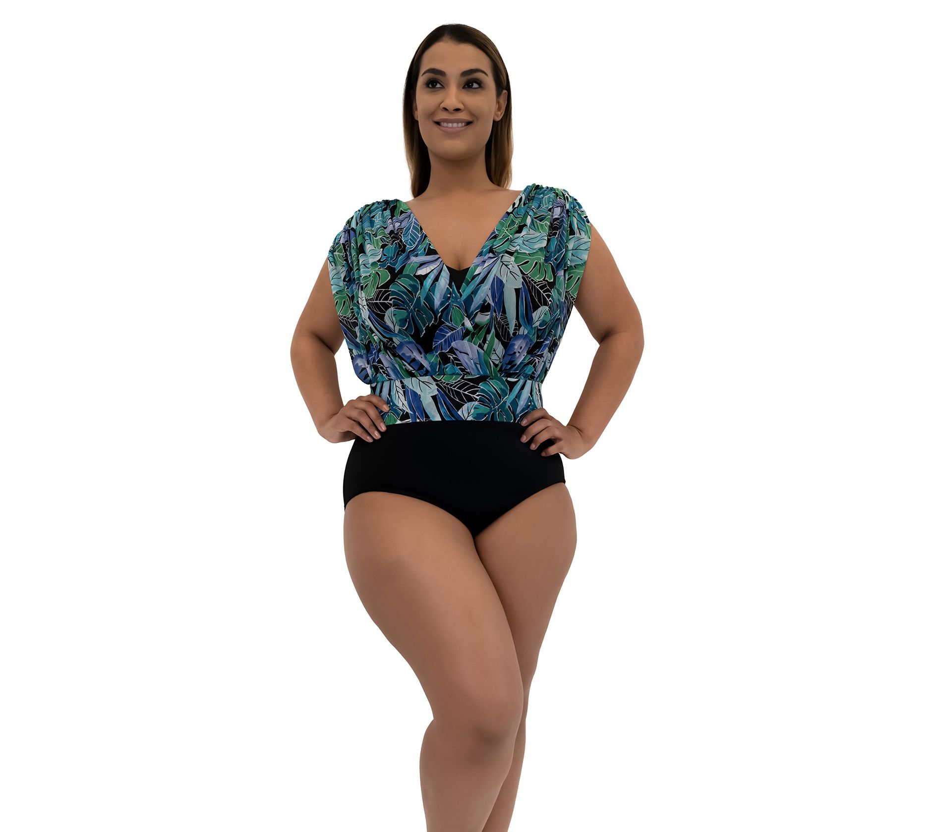 Fit4U Women's Plus Size Palms High Neck Two Tiered Tankini Top at