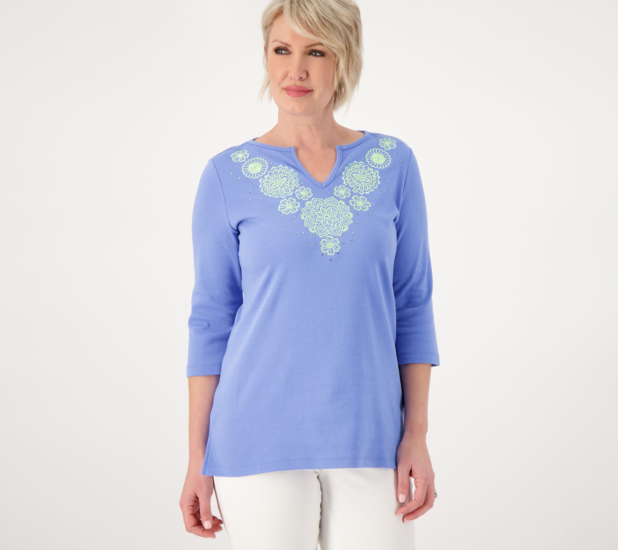 Quacker Factory Lace and Stones Split Neck Tunic Top