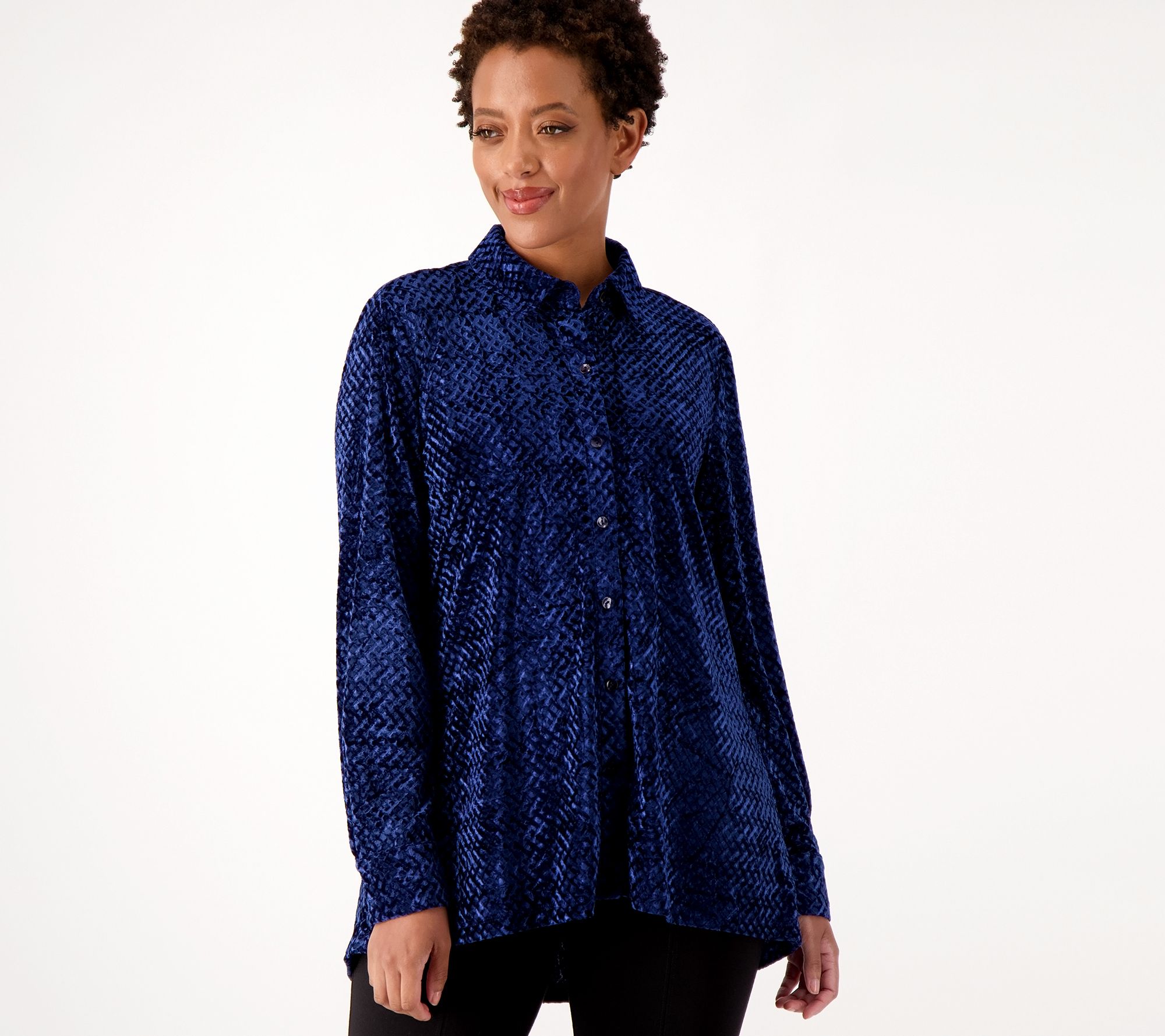 "As Is" Dennis Basso Textured Velvet Button Front Big Shirt