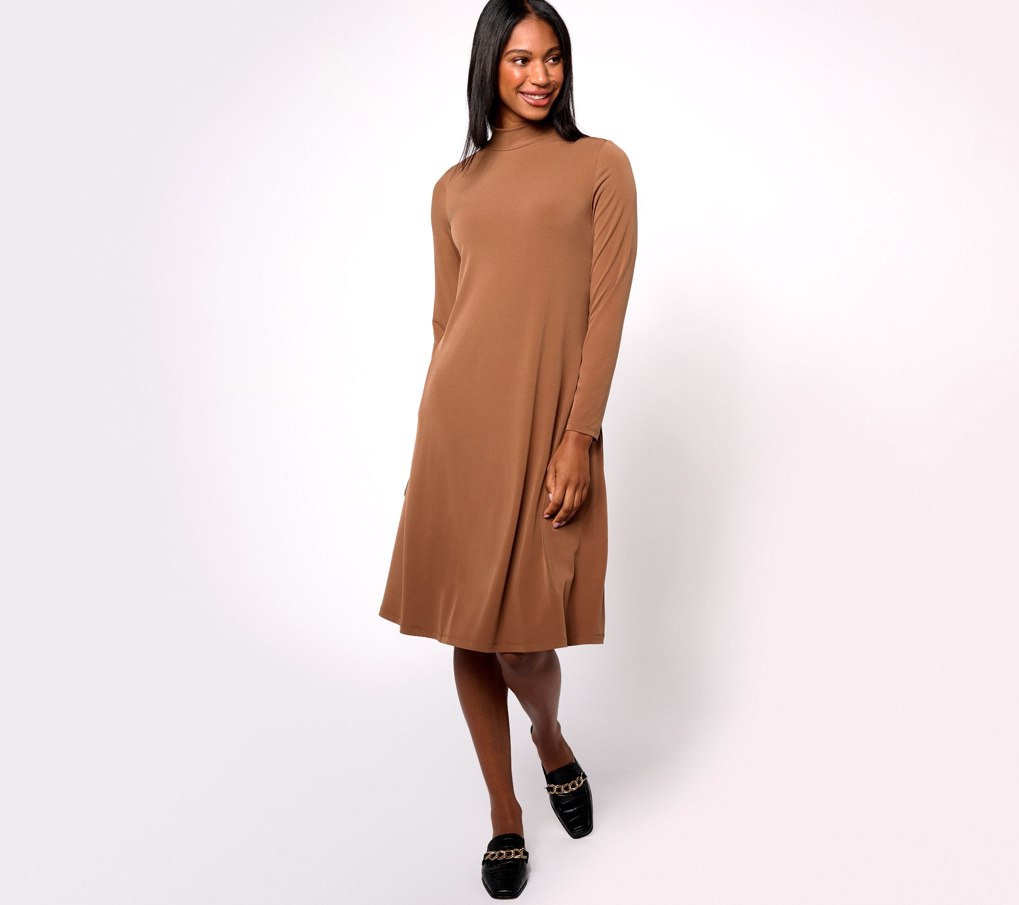 Susan Graver Regular Liquid Knit A-Line Long-Sleeve Mock Neck Dress