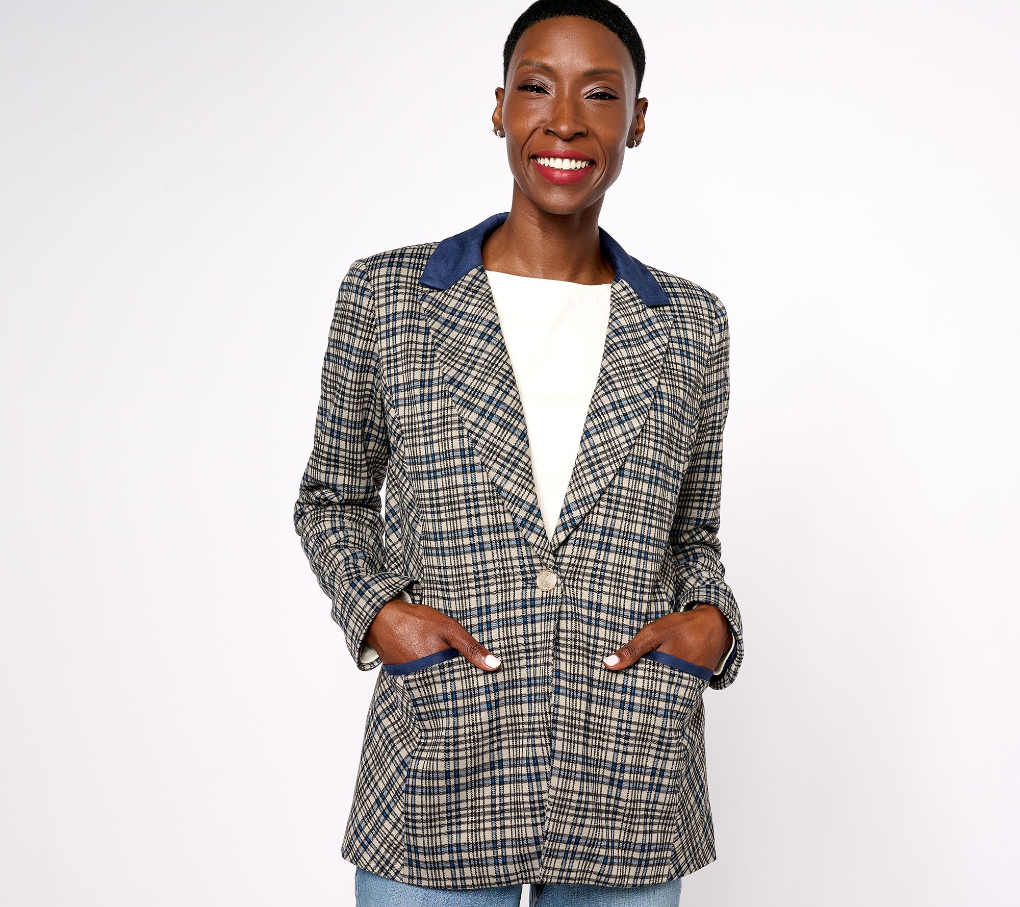Tailored by Susan Graver Reg Jacquard Knit Blazer w/ Faux Suede Trim