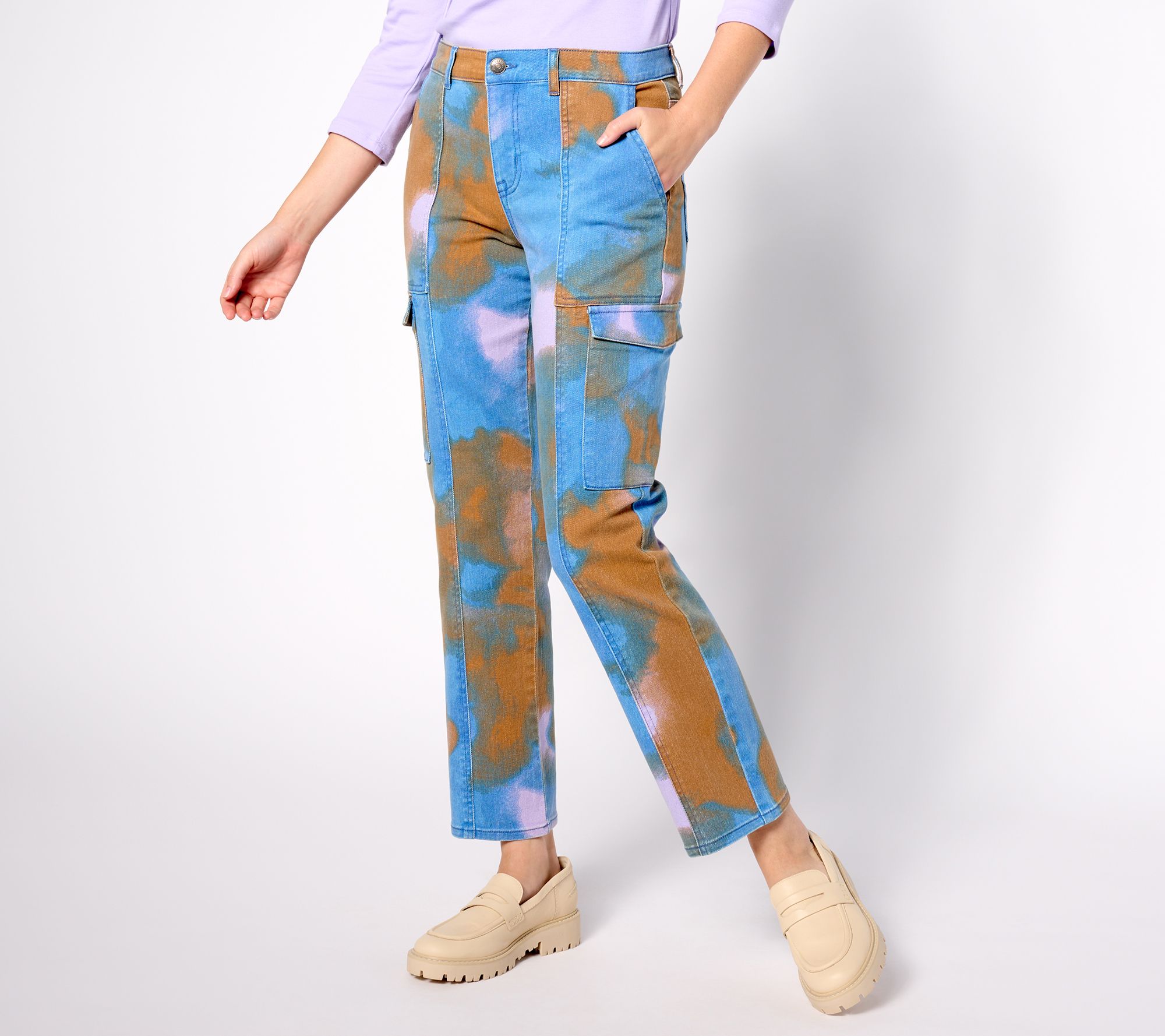 LOGO by Lori Goldstein Regular Satin Cargo Pant with Rib Waistband