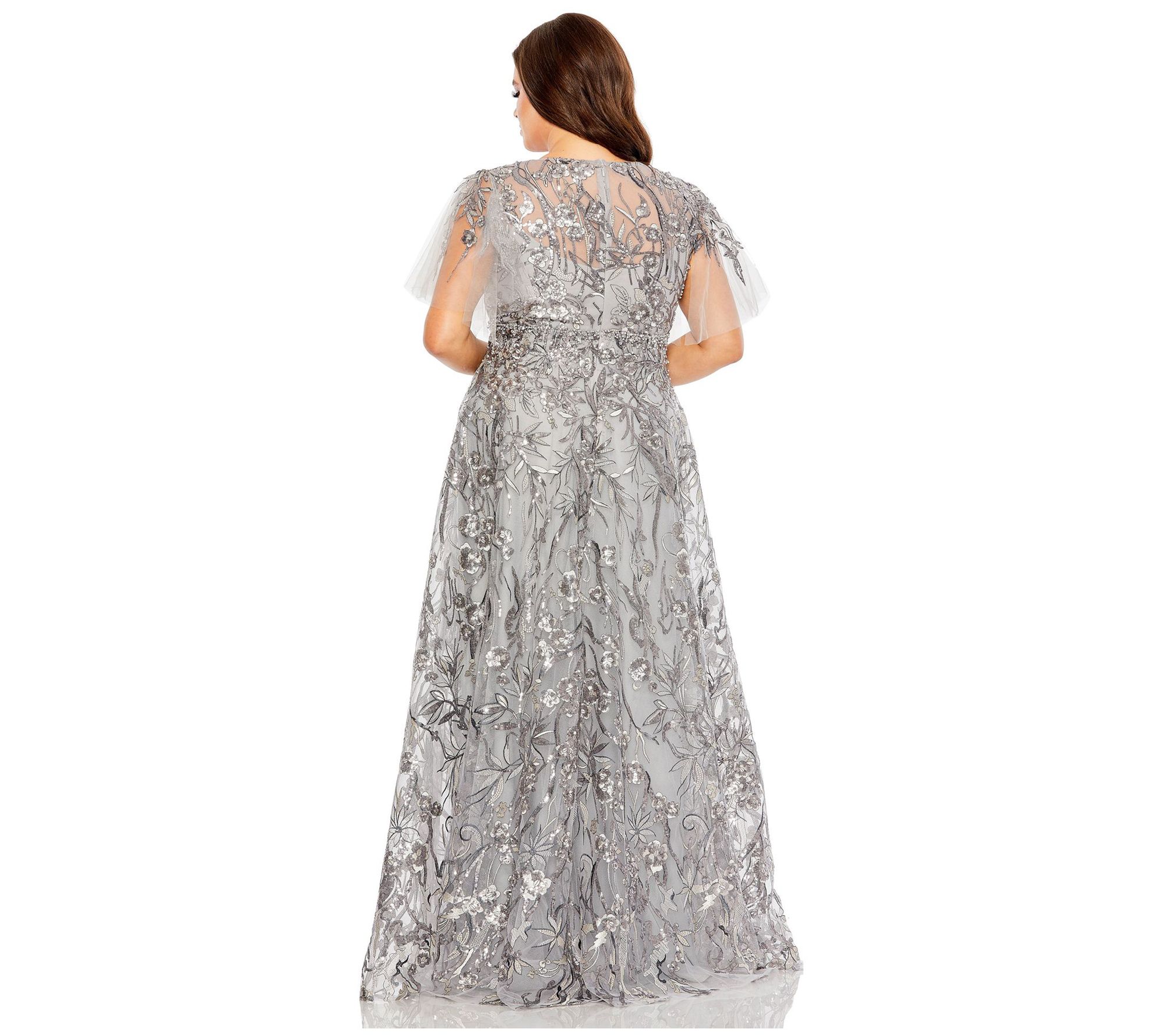 Mac Duggal Platinum Embellished Flutter SleeveA-Line Gown - QVC.com