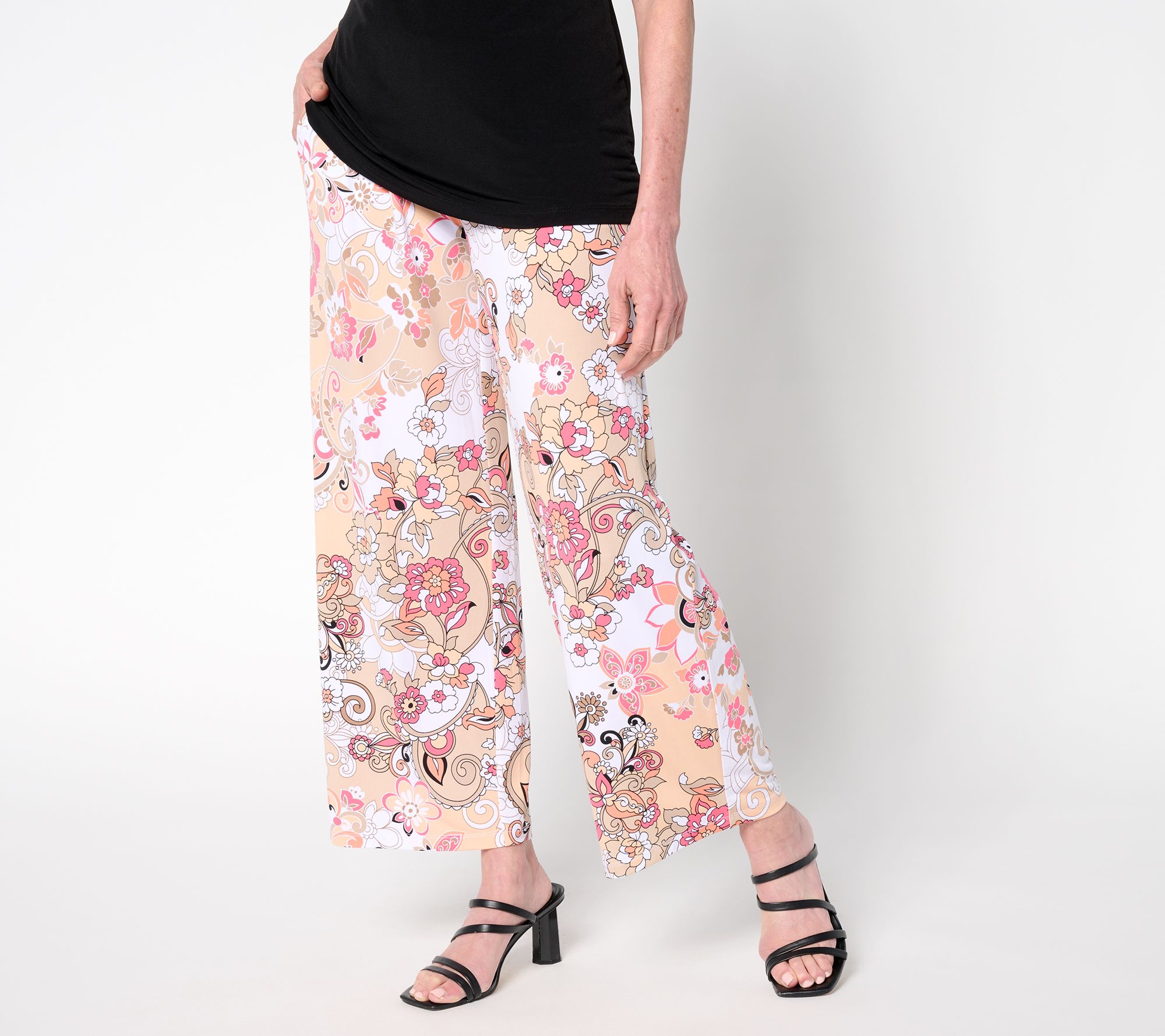 Susan Graver Petite Printed Liquid Knit Wide Leg Ankle Pants