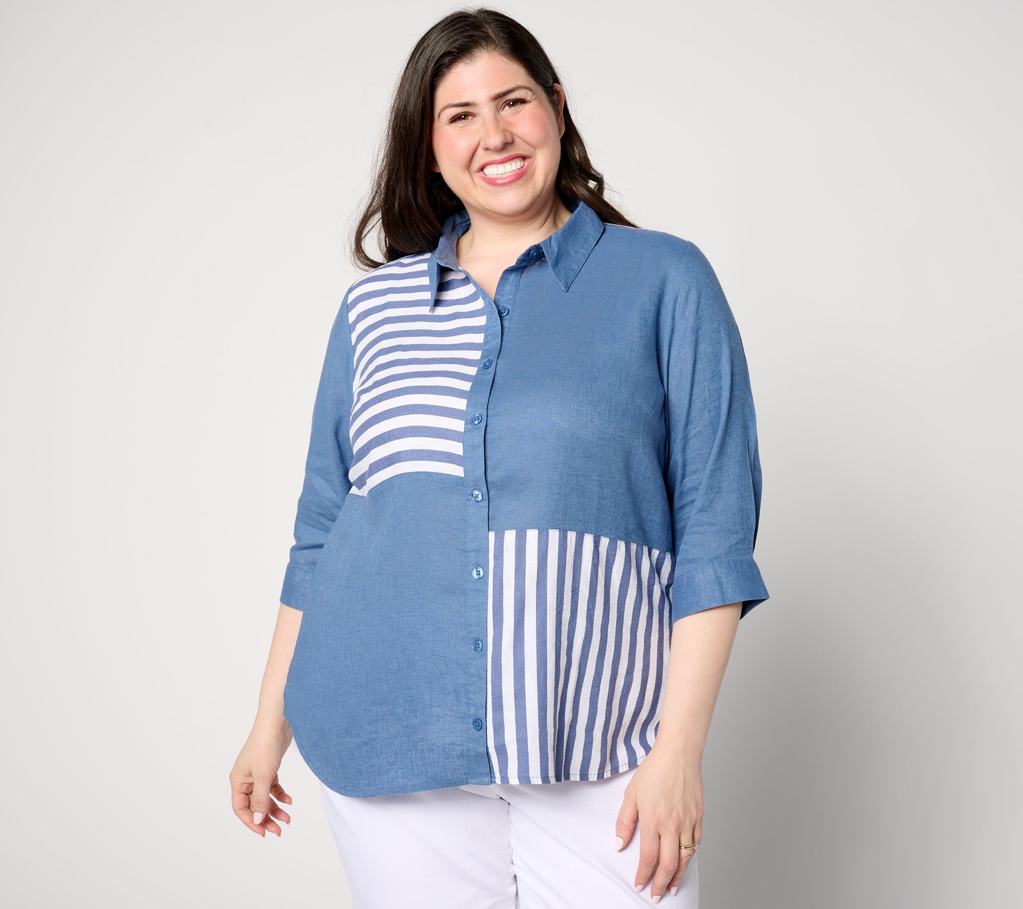 Joan Rivers Mixed Striped 3/4 Sleeve Button-Front Linen Shirt
