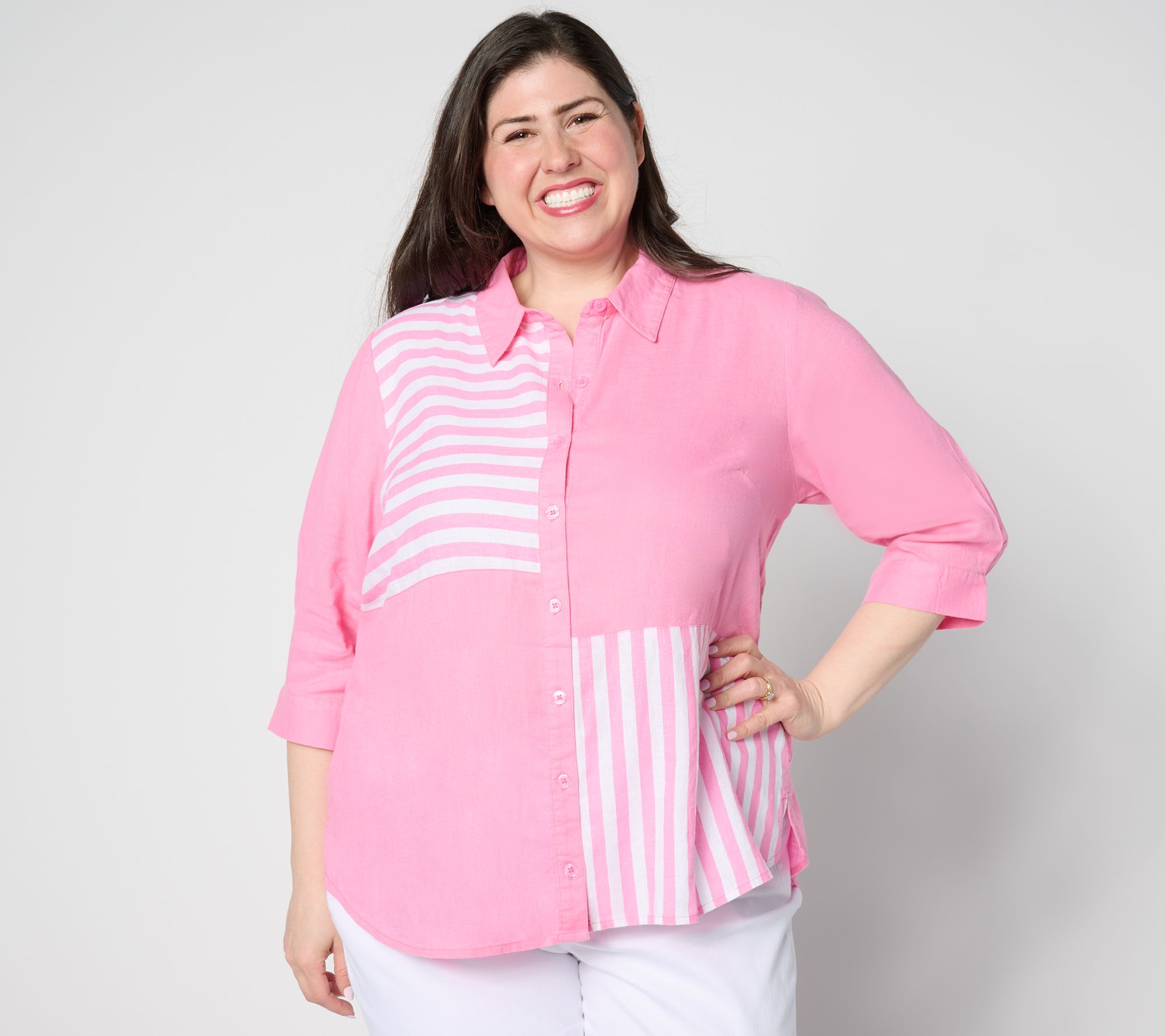 Joan Rivers Mixed Striped 3/4 Sleeve Button-Front Linen Shirt