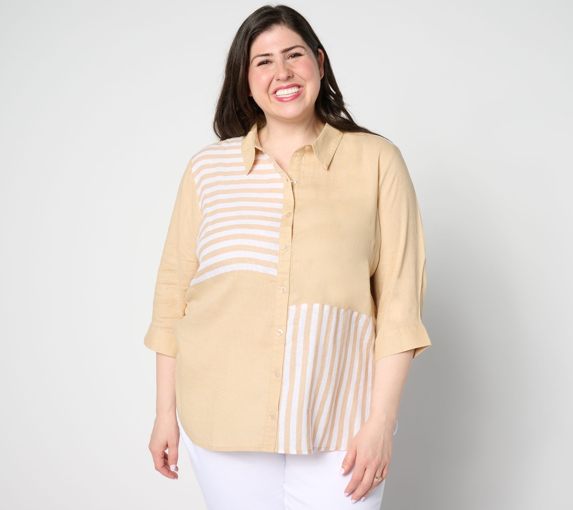 Joan Rivers Mixed Striped 3/4 Sleeve Button-Front Linen Shirt
