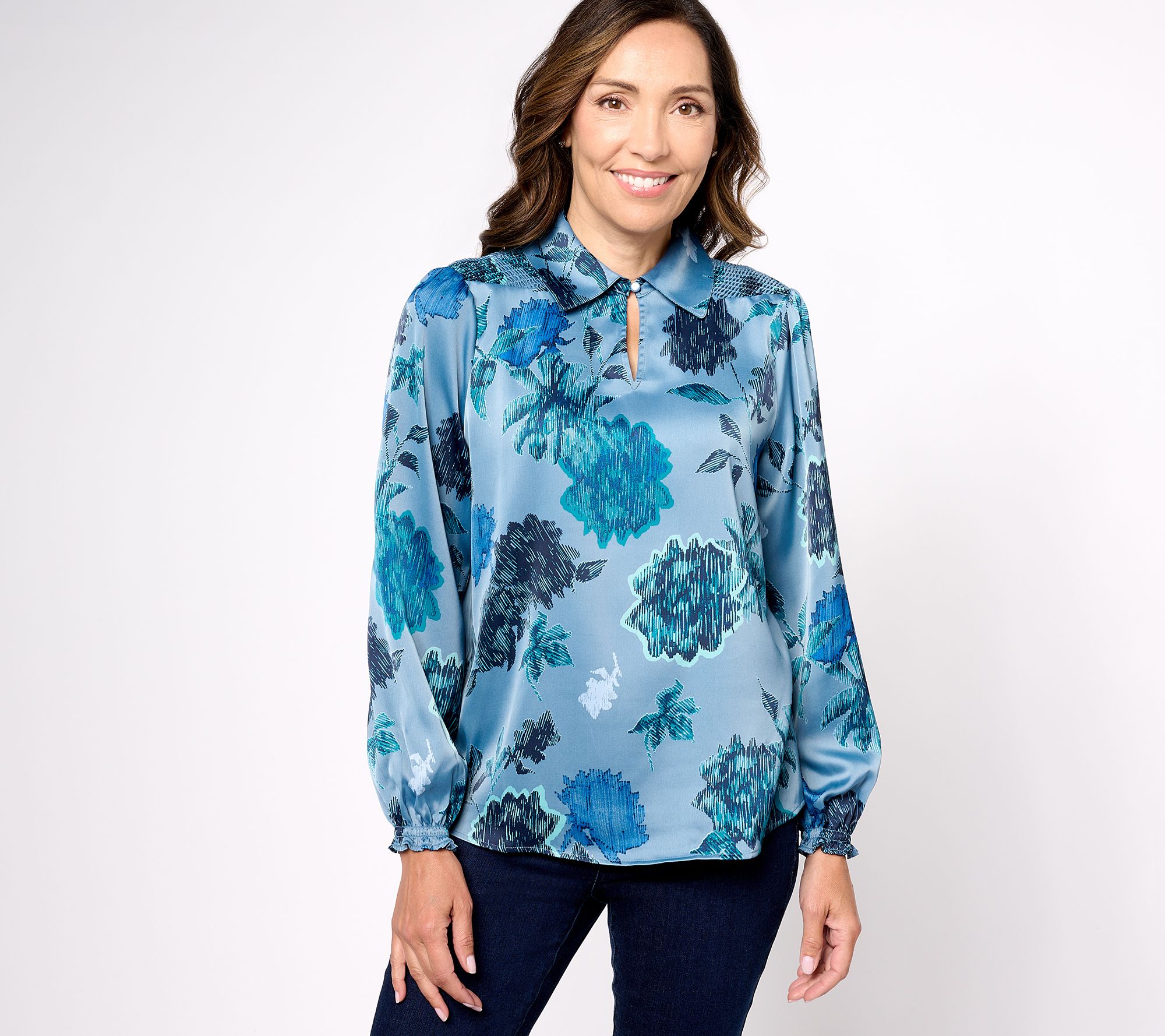 "As Is" Denim & Co. Canyon Retreat Printed Long Sleeve Silky Blouse
