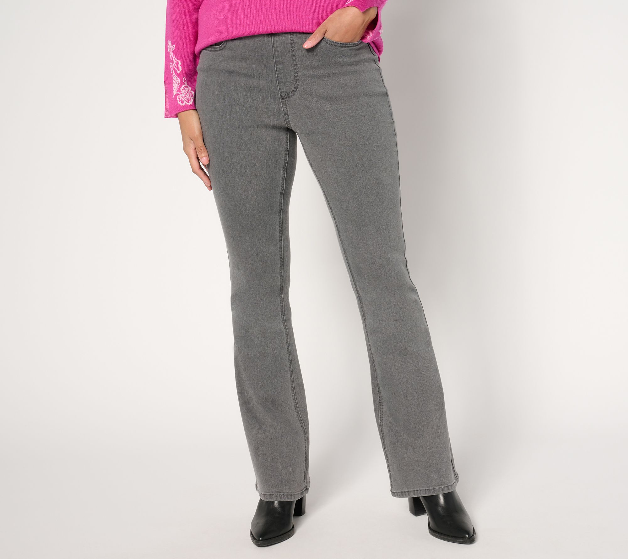 Susan Graver Tall Stretch Denim Pull-On Flare Jean -Black/Grey