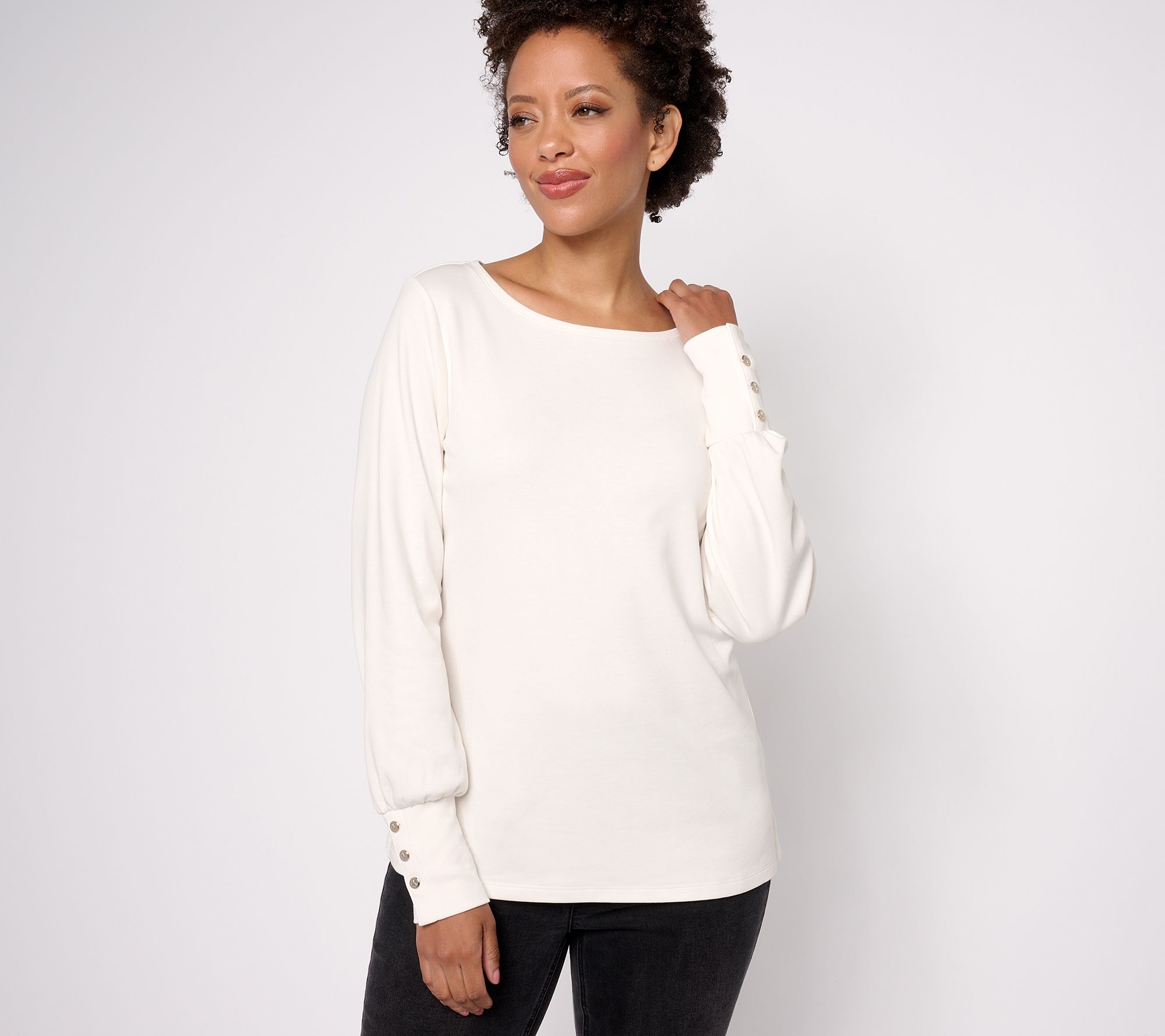 "As Is" Isaac Mizrahi Live! Boat Neck Blouson Sleeve Top with Button