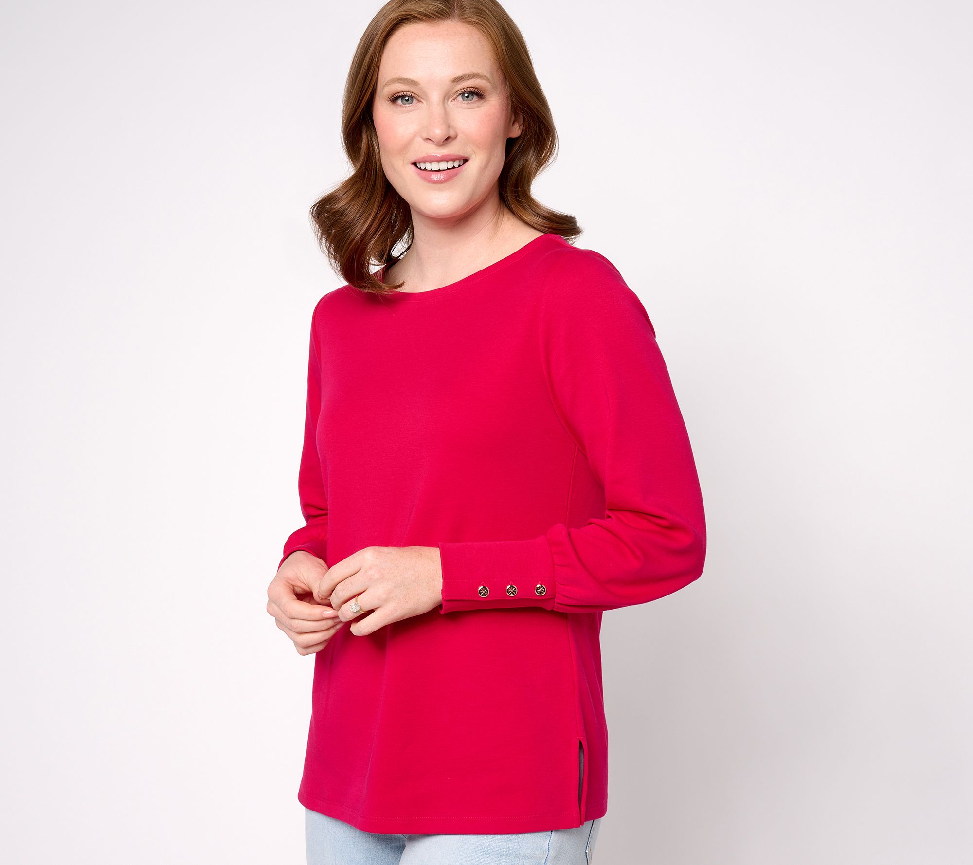 "As Is" Isaac Mizrahi Live! Boat Neck Blouson Sleeve Top with Button