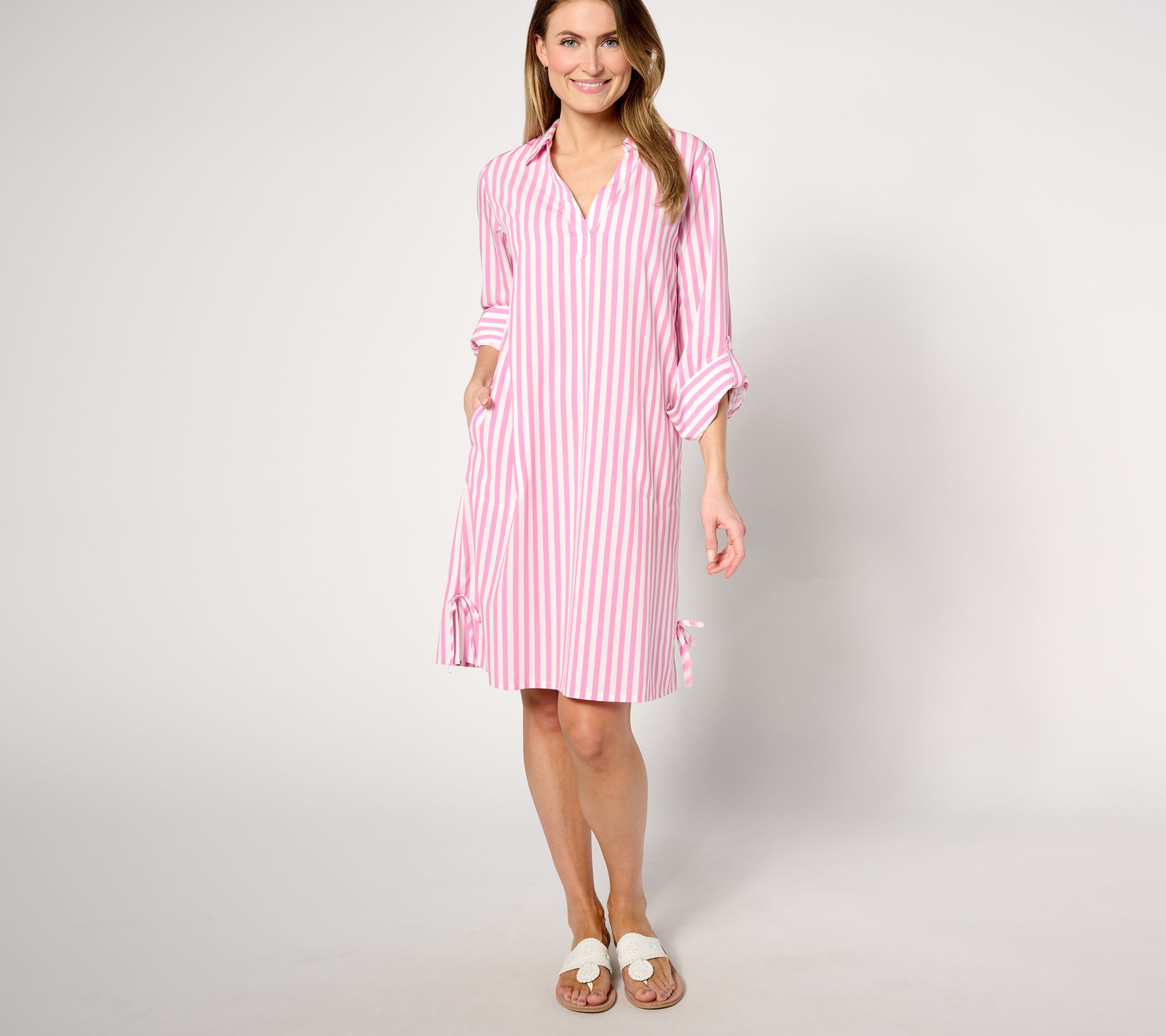 "As Is" Denim & Co. Beach Reg Striped Quick Dry Cover Up Dress with Ties