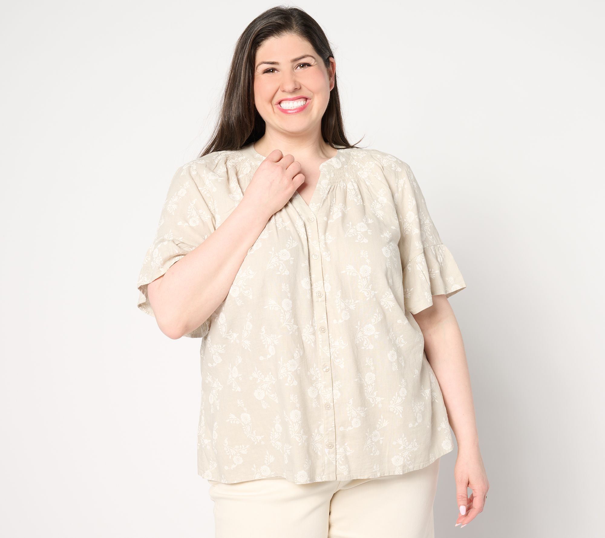 "As Is" Denim & Co. Naturals Linen Blend Elbow Sleeve Printed Blouse