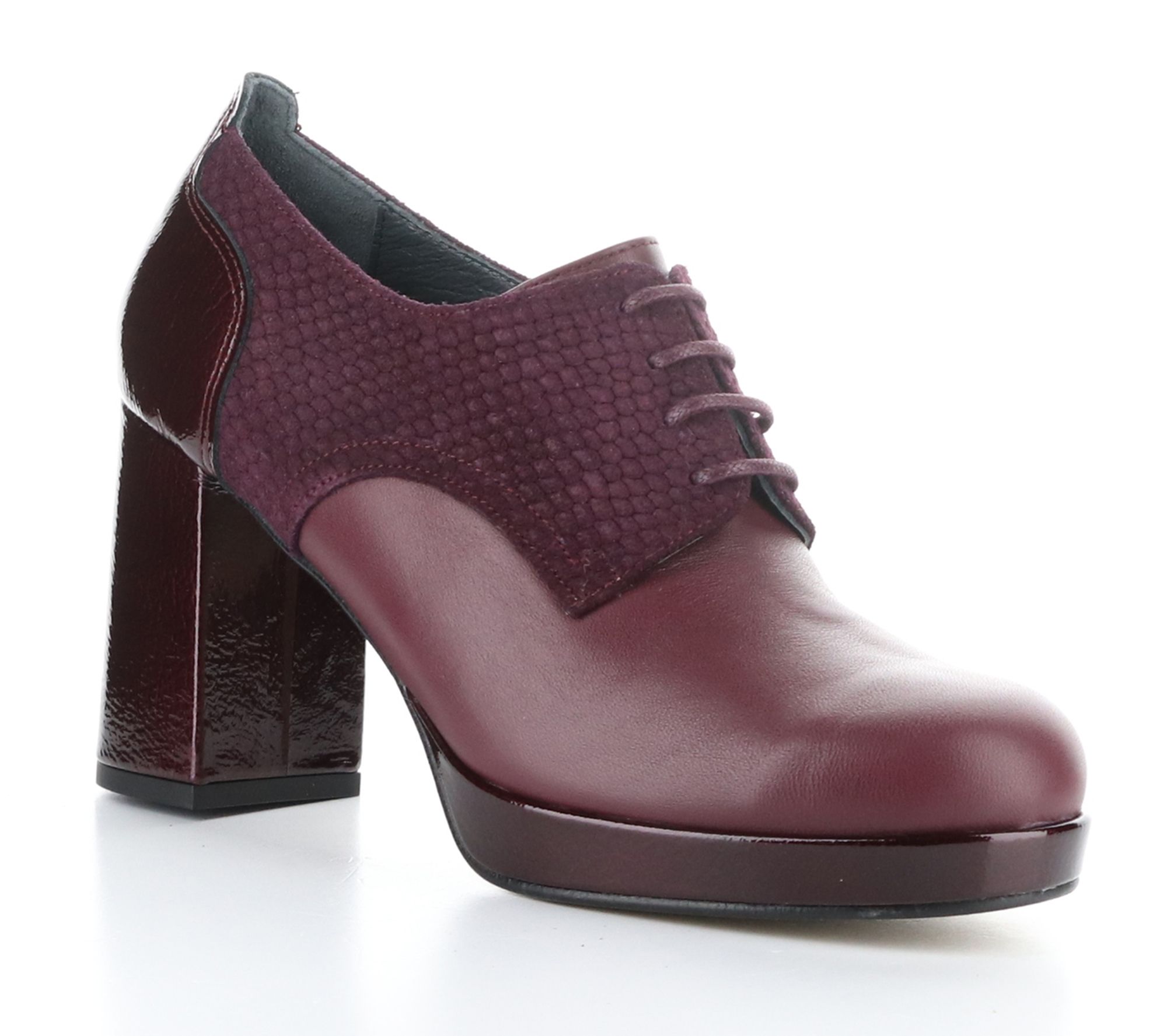 Fly London Leather/Patent Leather Combo Block H eel Oxford-Ezik