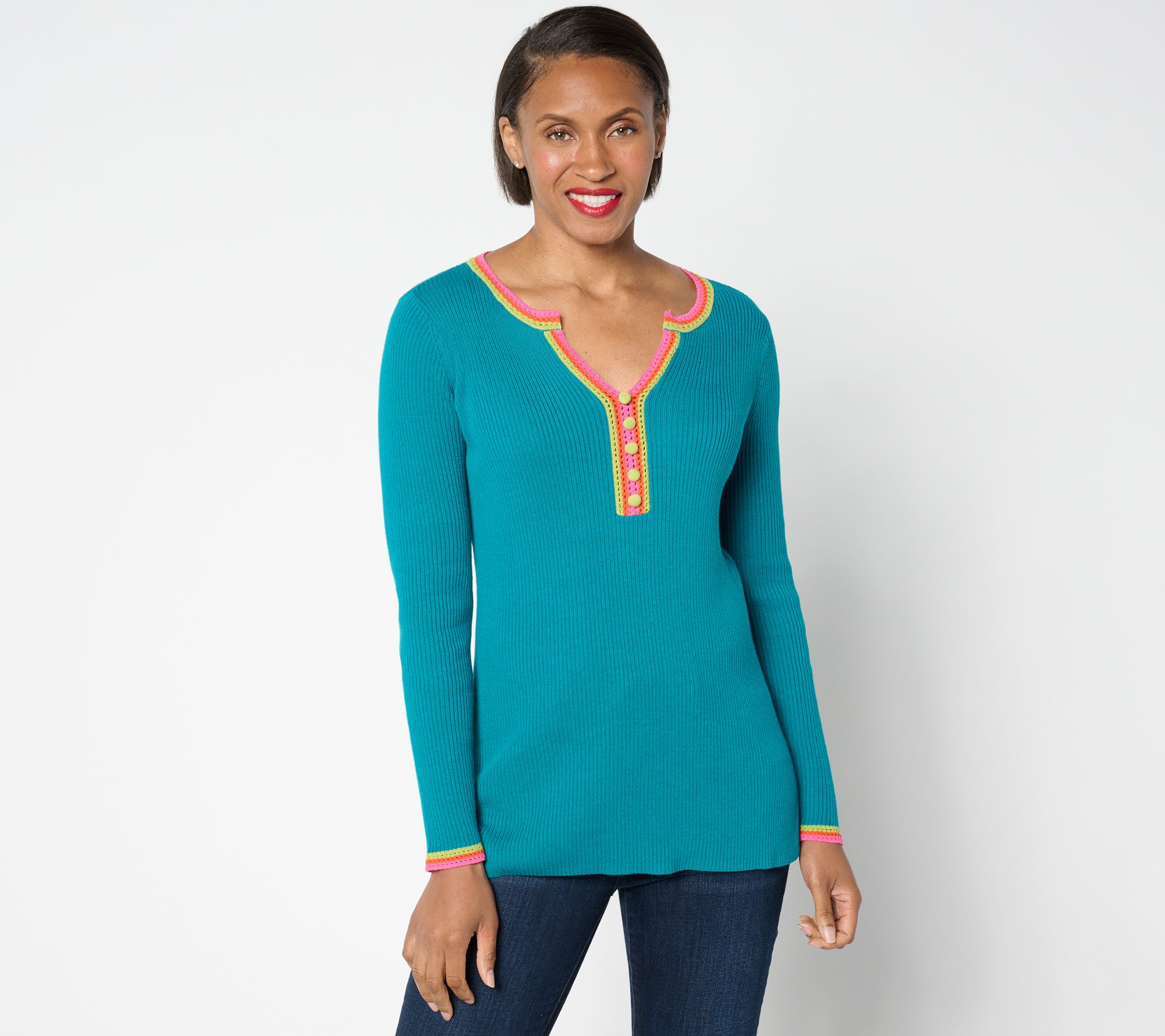 "As Is" Belle by Kim Gravel Crochet Trim Ribbed Henley Sweater