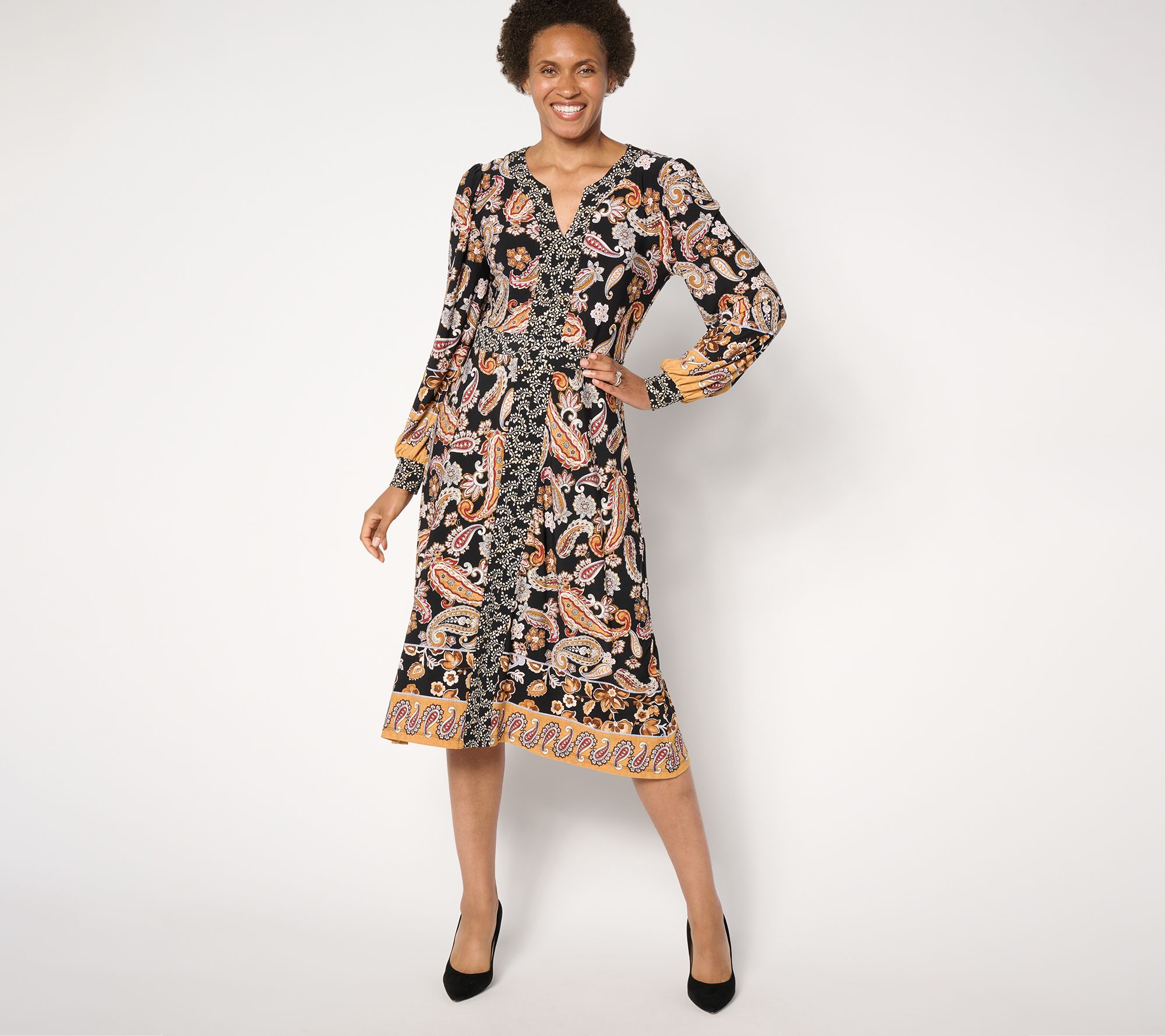 "As Is" Susan Graver Regular Printed Liquid Knit Split Neck Midi Dress