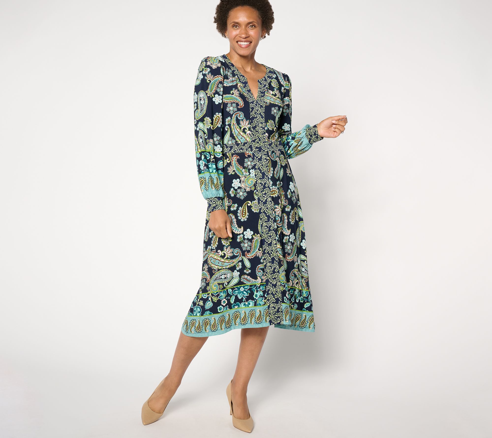 "As Is" Susan Graver Regular Printed Liquid Knit Split Neck Midi Dress