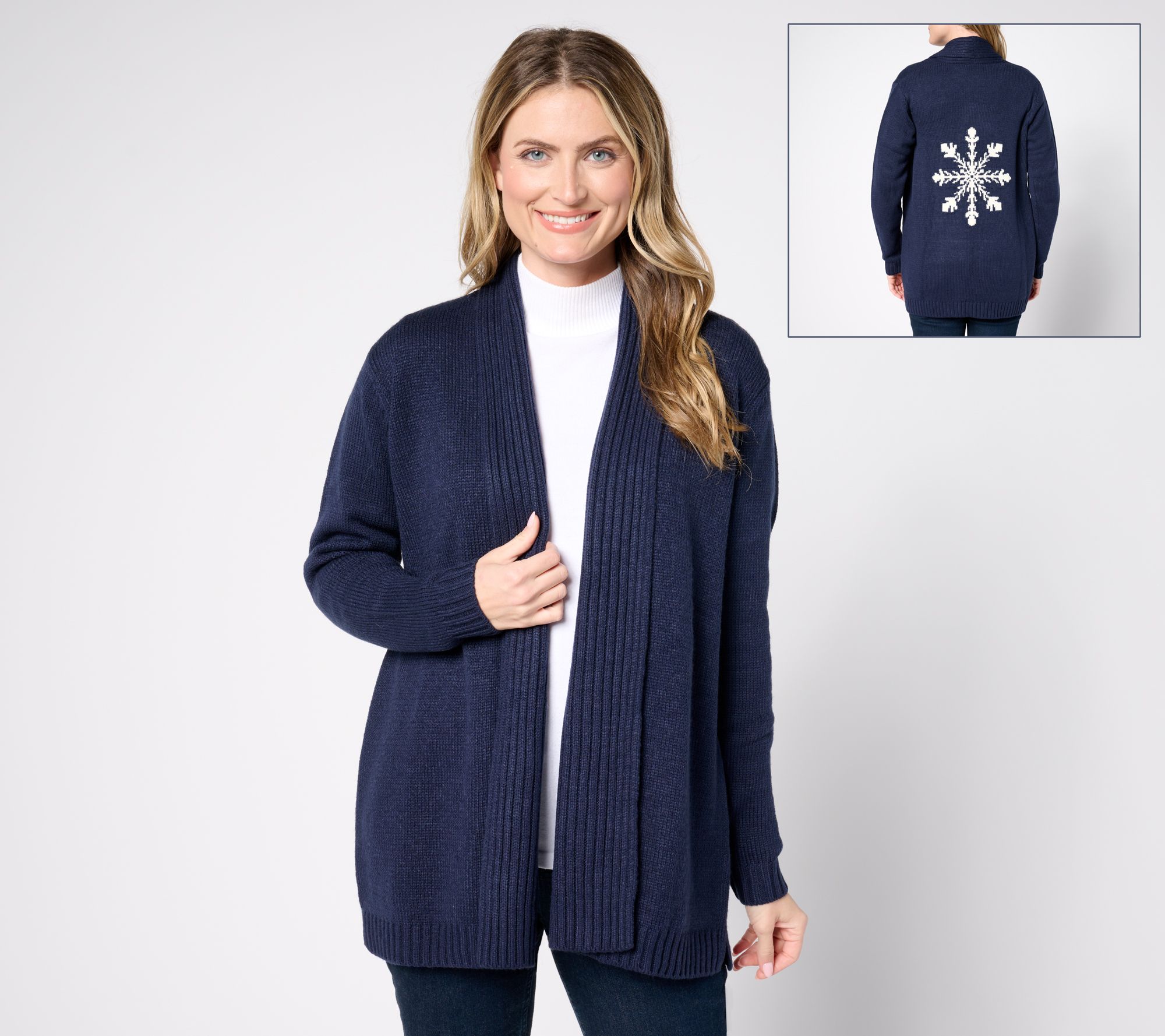 "As Is" Denim & Co. Open Front Long Sleeve Placed Motif Cardigan