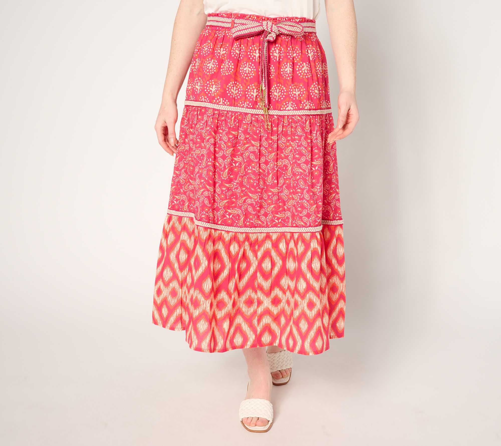 Susan Graver PURE Petite Printed Cotton Tiered Skirt with Belt
