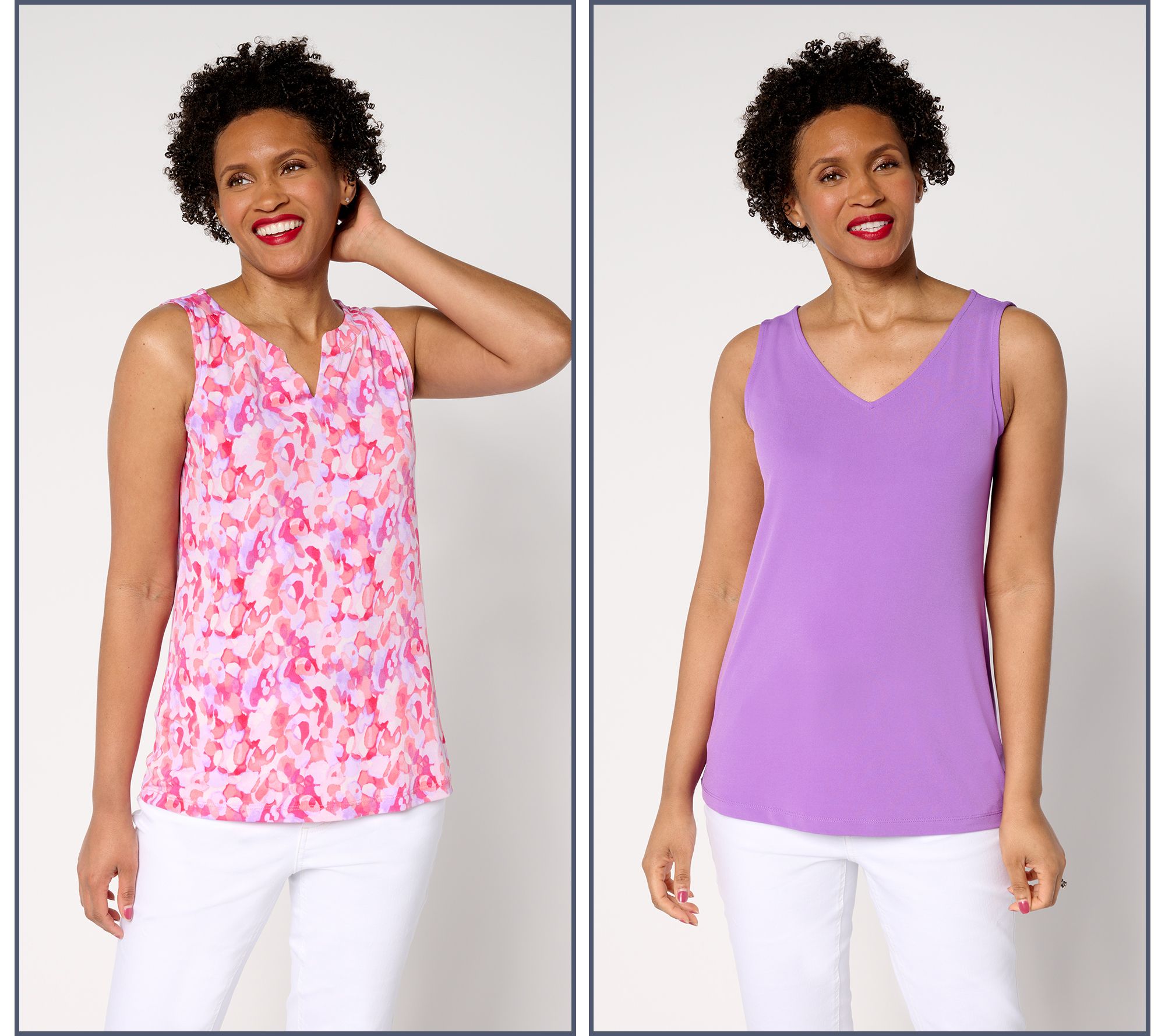 Susan Graver Set of Two Print & Solid Liquid Knit Sleeveless Tops