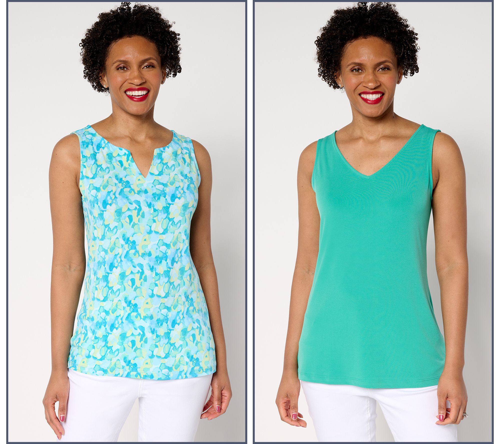 Susan Graver Set of Two Print & Solid Liquid Knit Sleeveless Tops