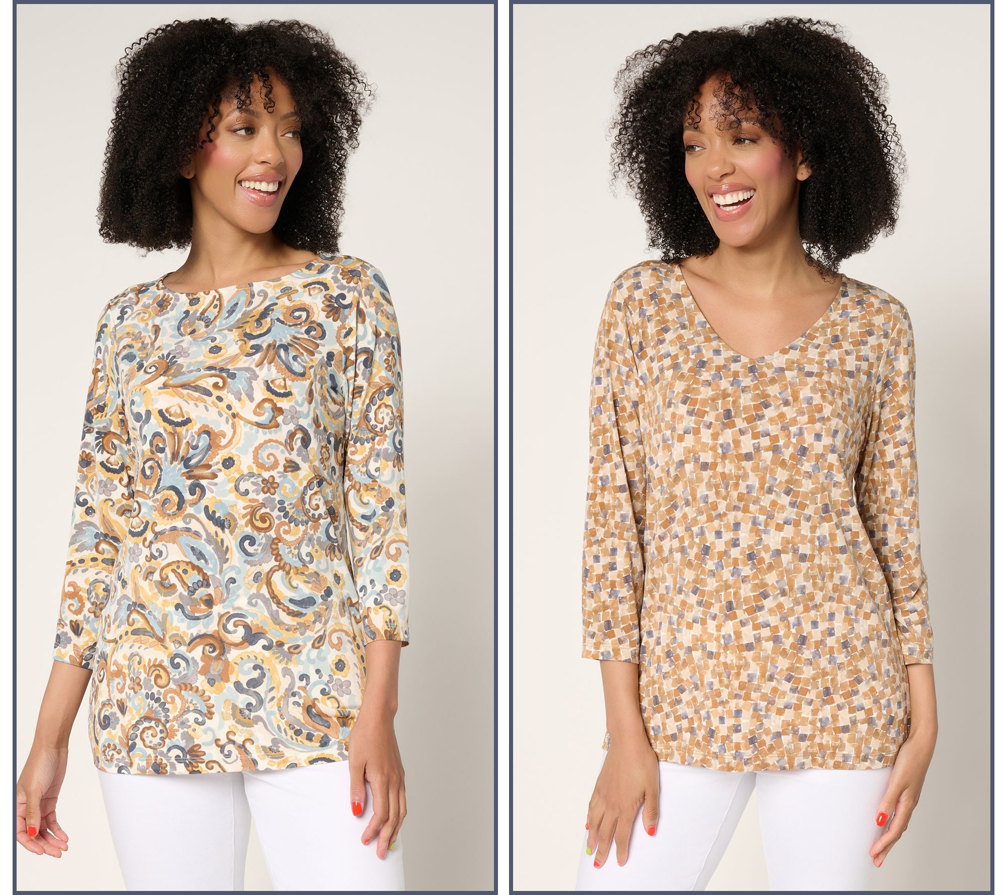 Susan Graver Petite Printed Liquid Knit Set of (2) 3/4 Sleeve Tops