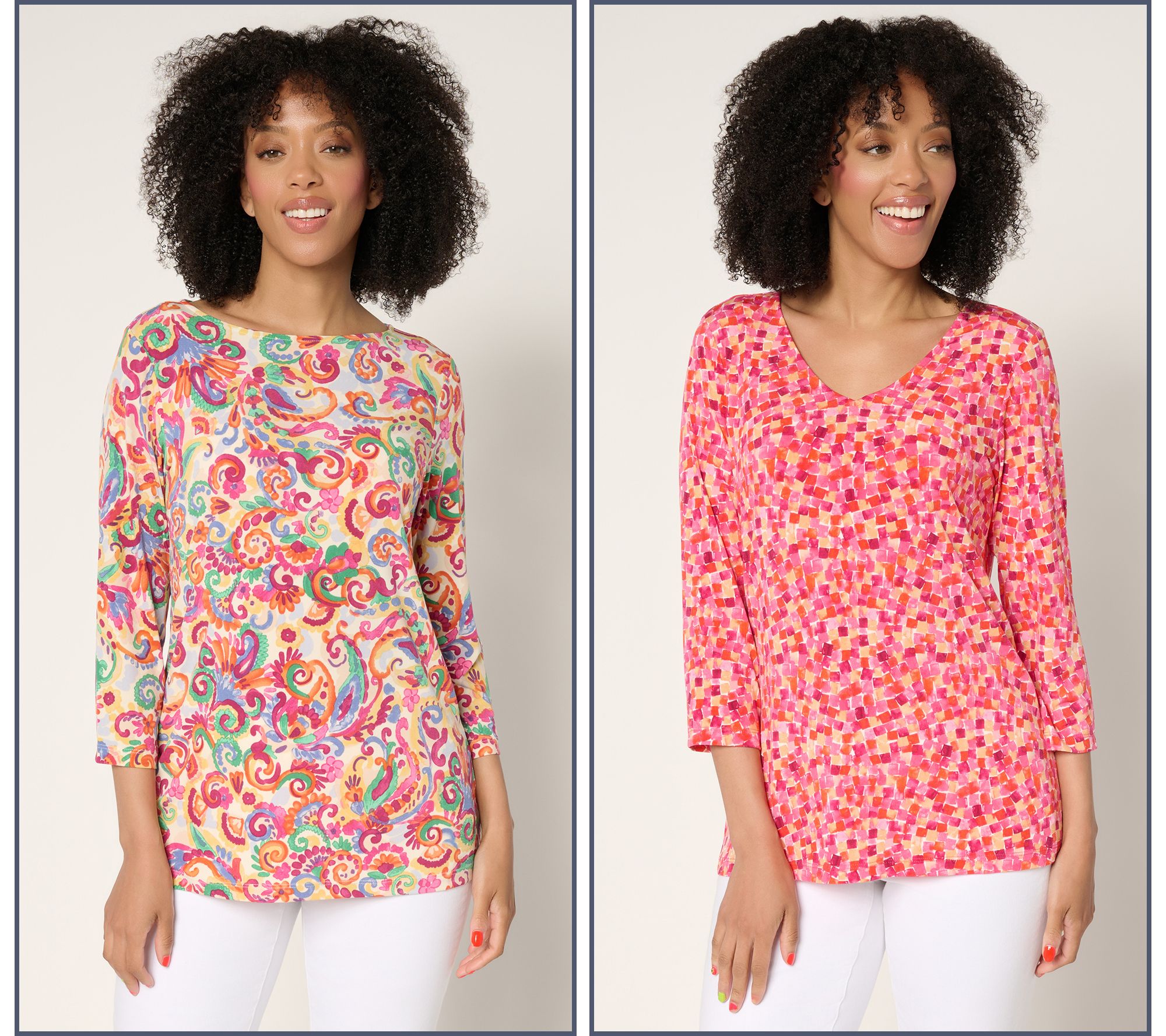 Susan Graver Petite Printed Liquid Knit Set of (2) 3/4 Sleeve Tops