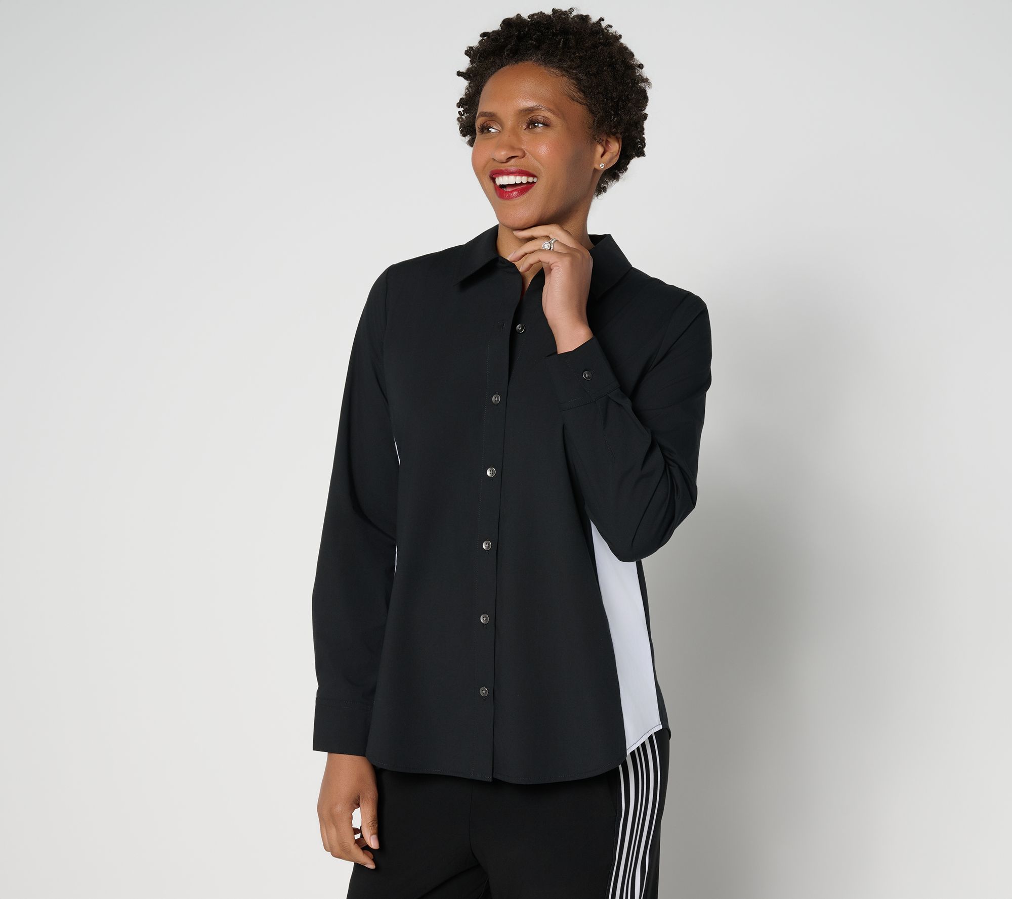 Attitudes by Renee Poplin Button Front Shirt with Color Blocking