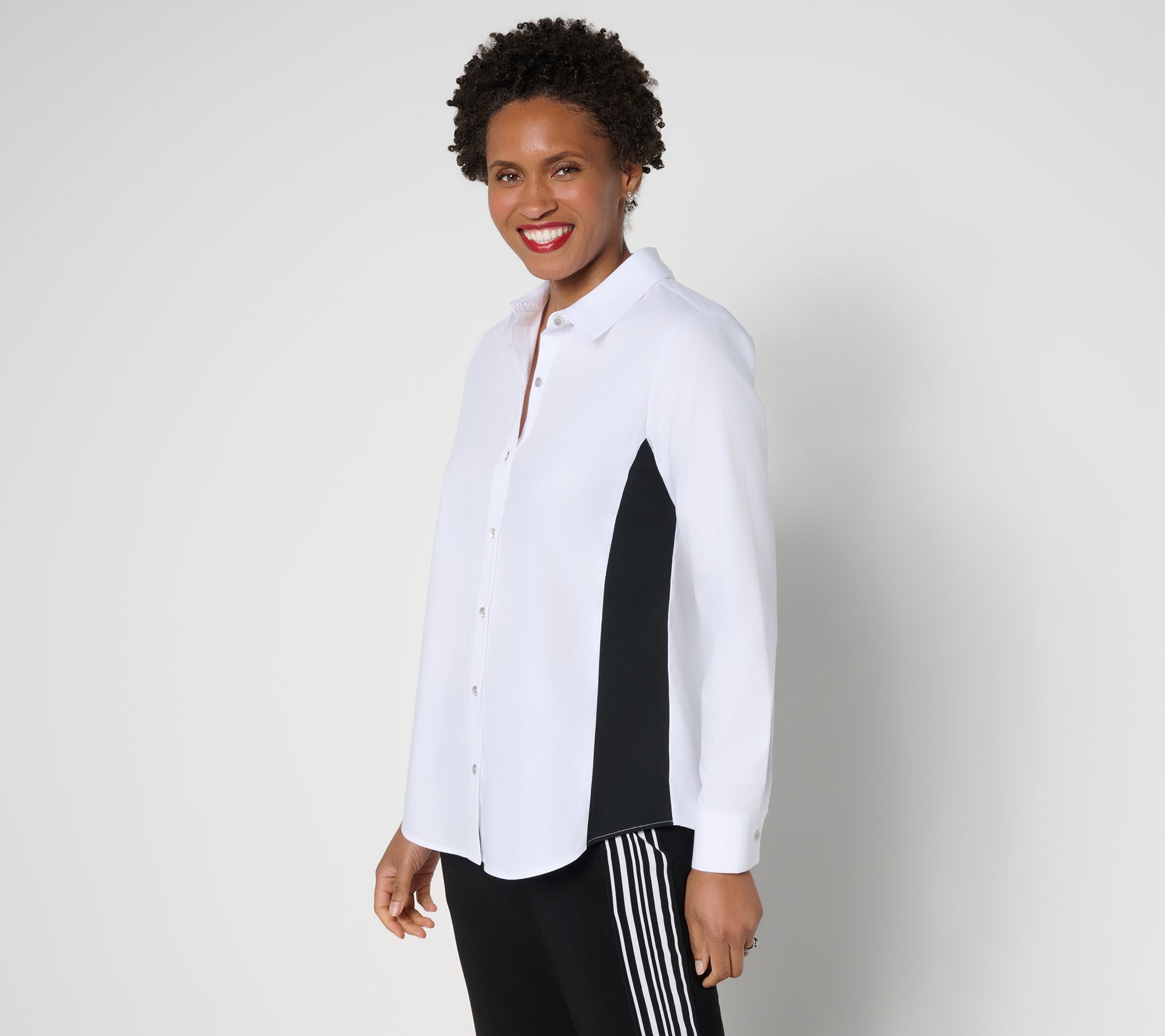 Attitudes by Renee Poplin Button Front Shirt with Color Blocking